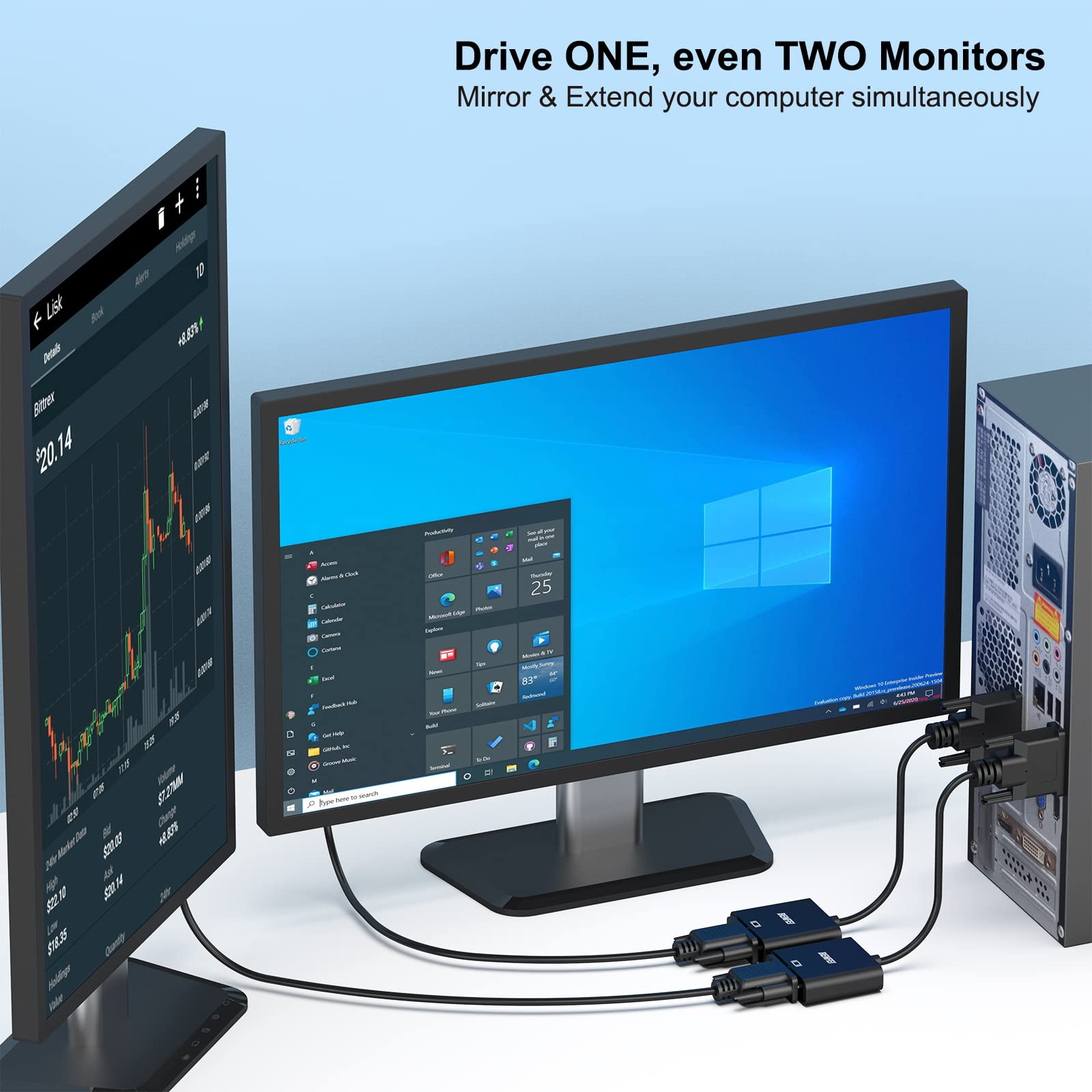 Zwei Monitore und ein PC mit schwarzen Kabeln und Adaptern.