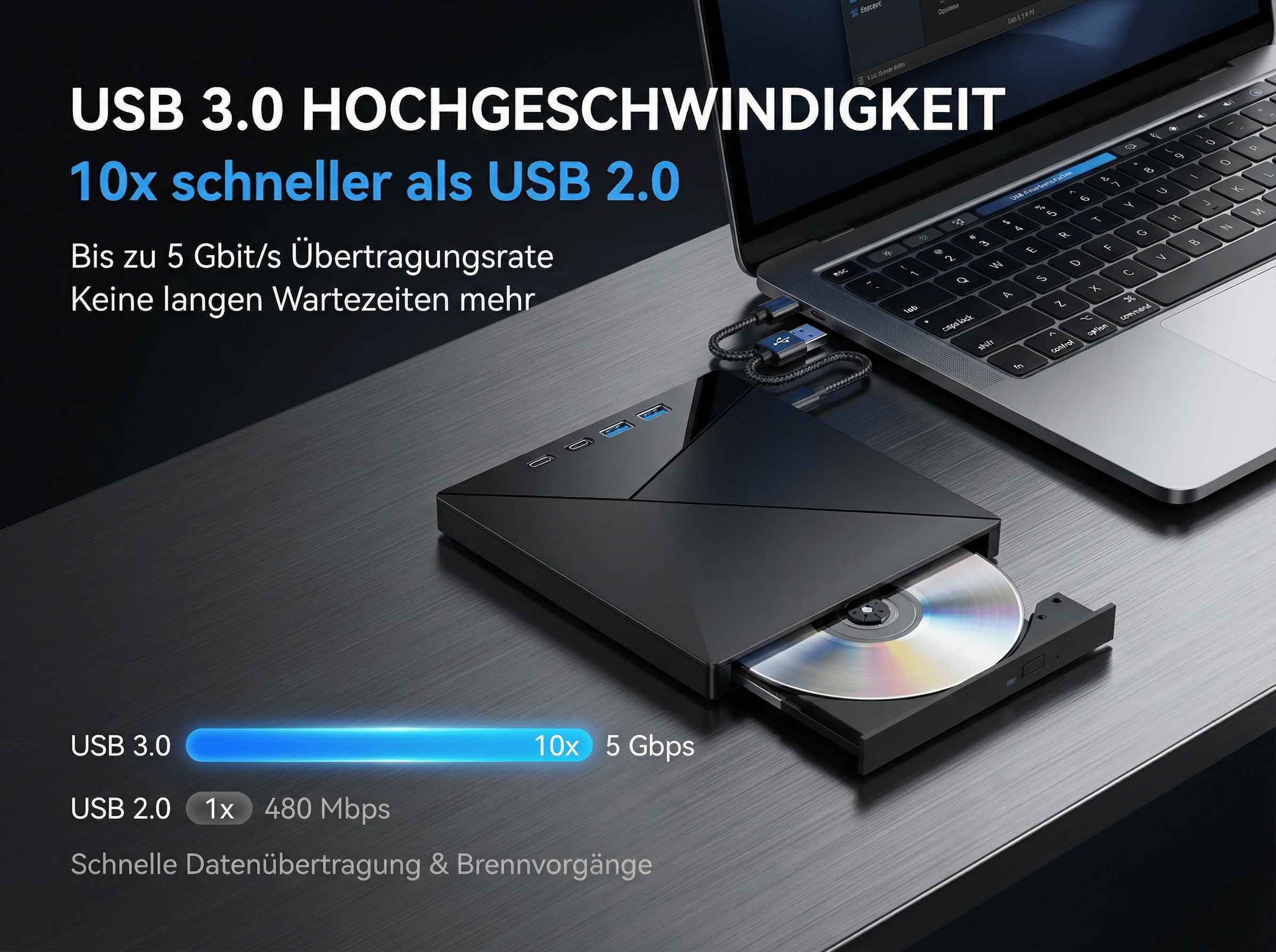 Schwarzer USB 3.0 Hub mit CD-Laufwerk, verbunden mit einem Laptop.