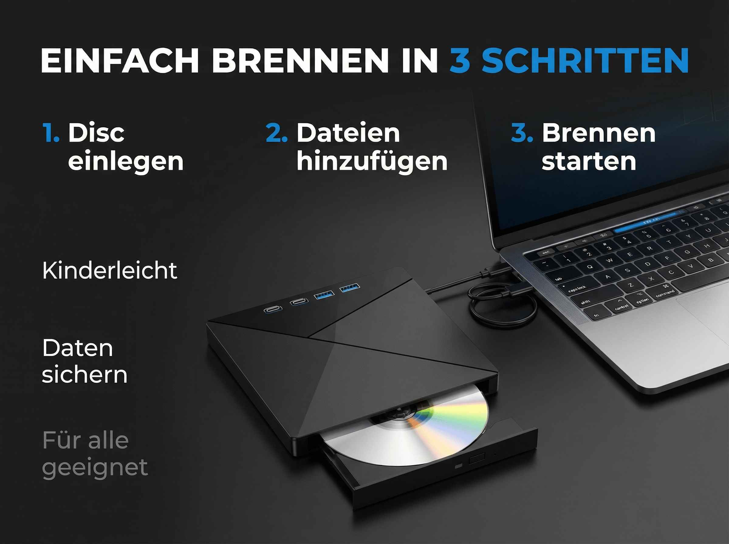 Schwarzer externer CD-Brenner mit CD und Laptop.