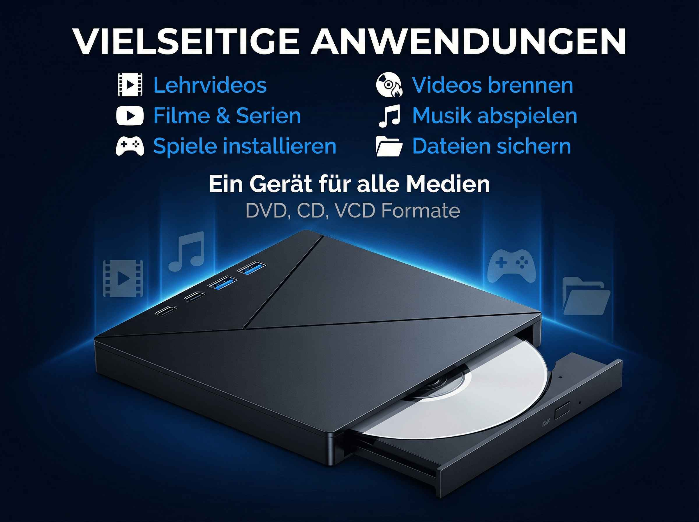 Ein schwarzer externer DVD-Player mit einem eingelegten Datenträger.
