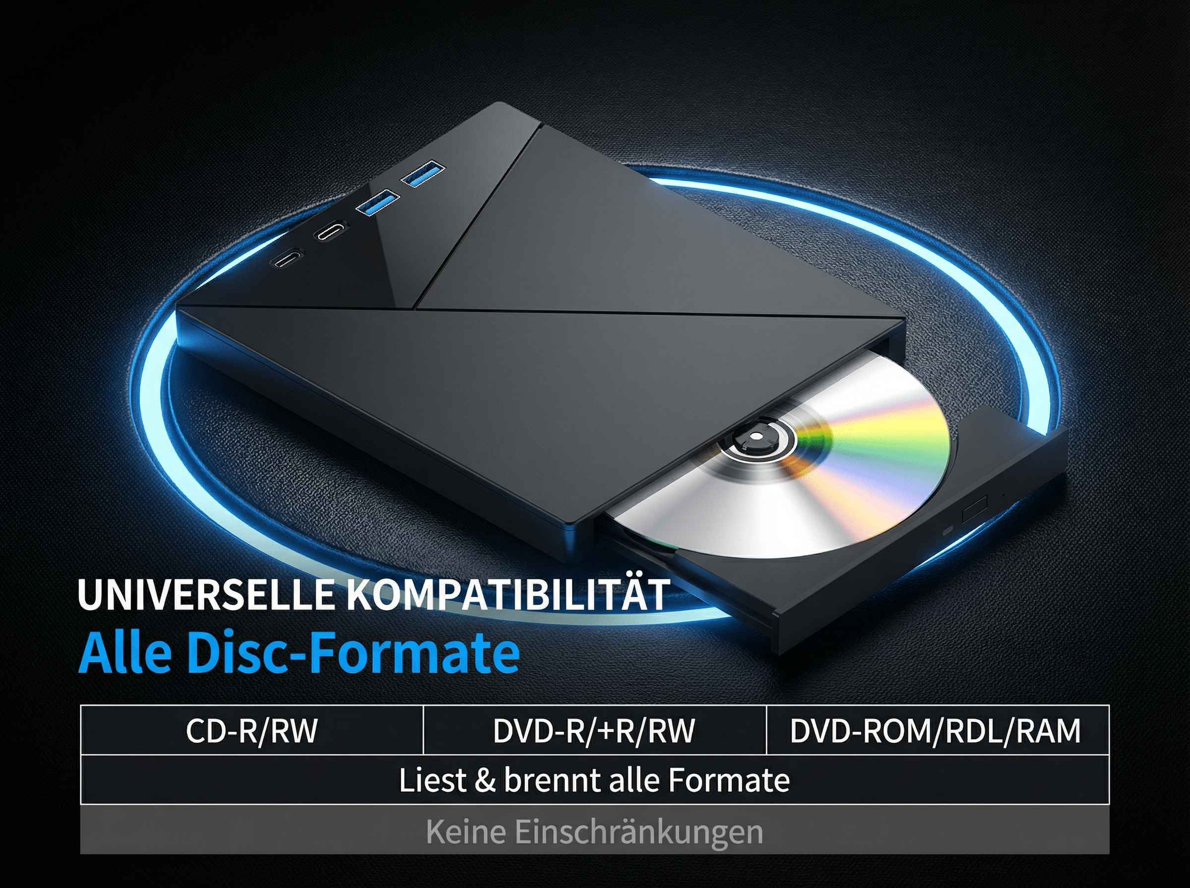 Schwarzer externer DVD-Brenner mit eingelegter Disc, mit blauer Beleuchtung.