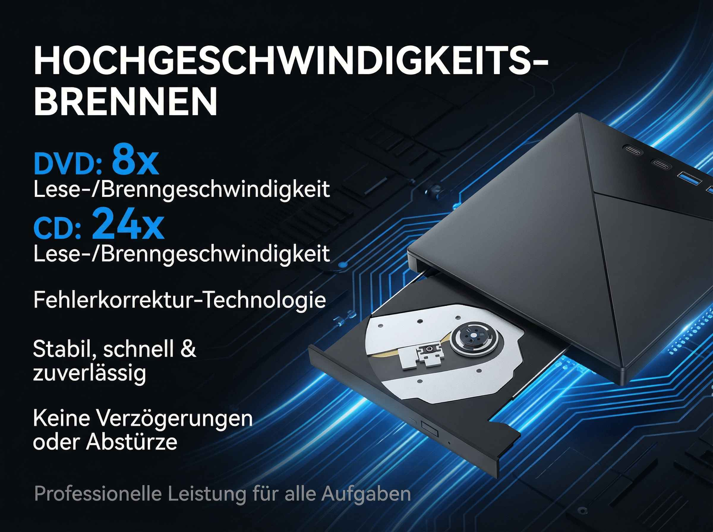 Ein schwarzer DVD-Brenner mit geöffnetem Fach und blauen Lichteffekten.
