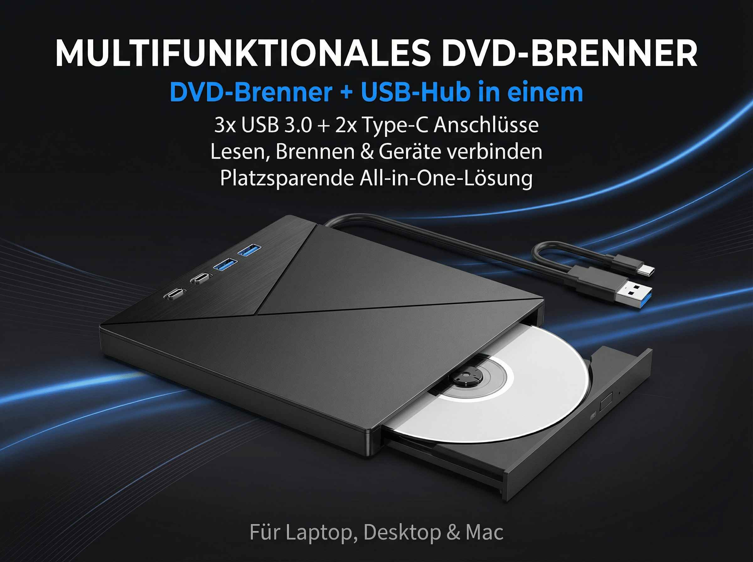 Schwarzer externer DVD-Brenner mit USB-Hub, 3x USB 3.0, 2x Type-C.
