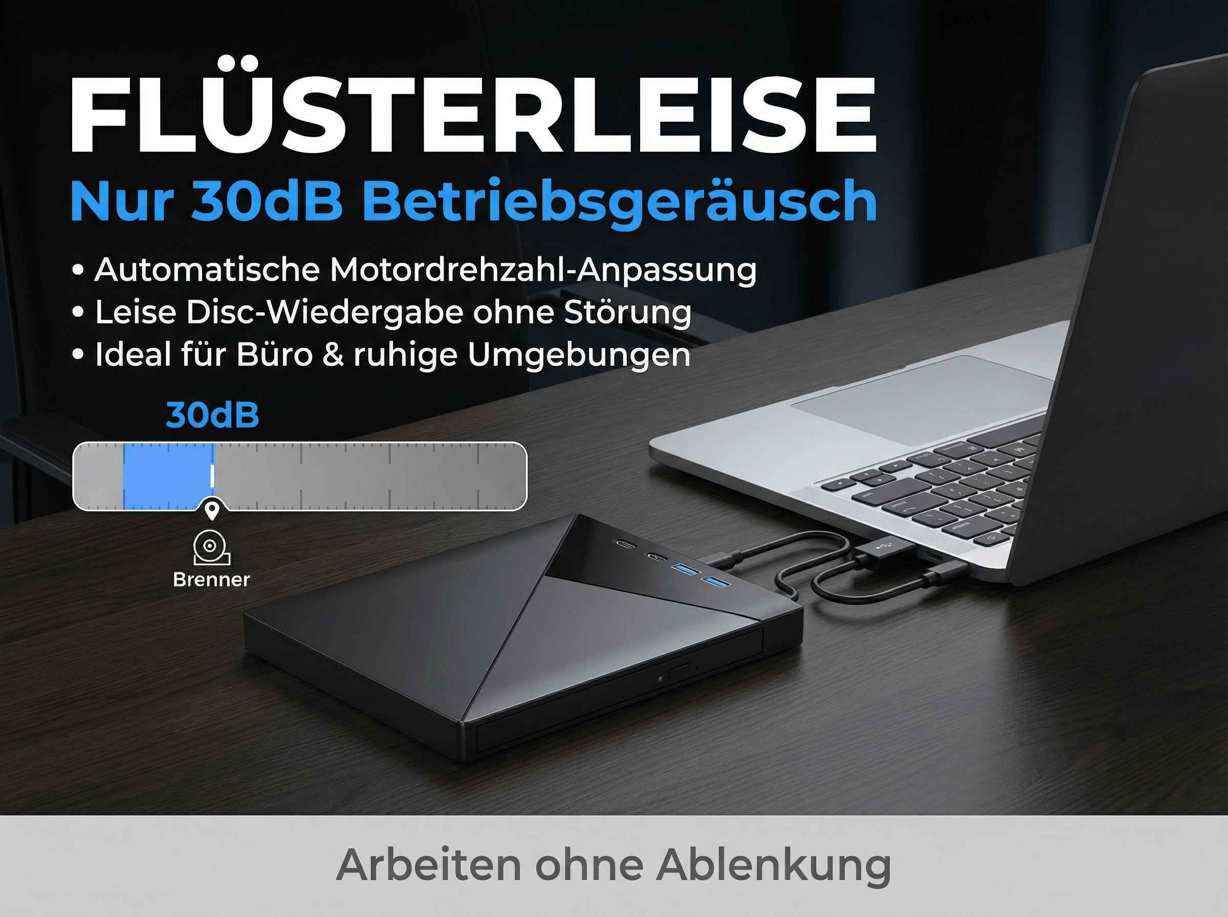 Schwarzer Brenner neben Laptop, leise & lautlos mit 30dB.