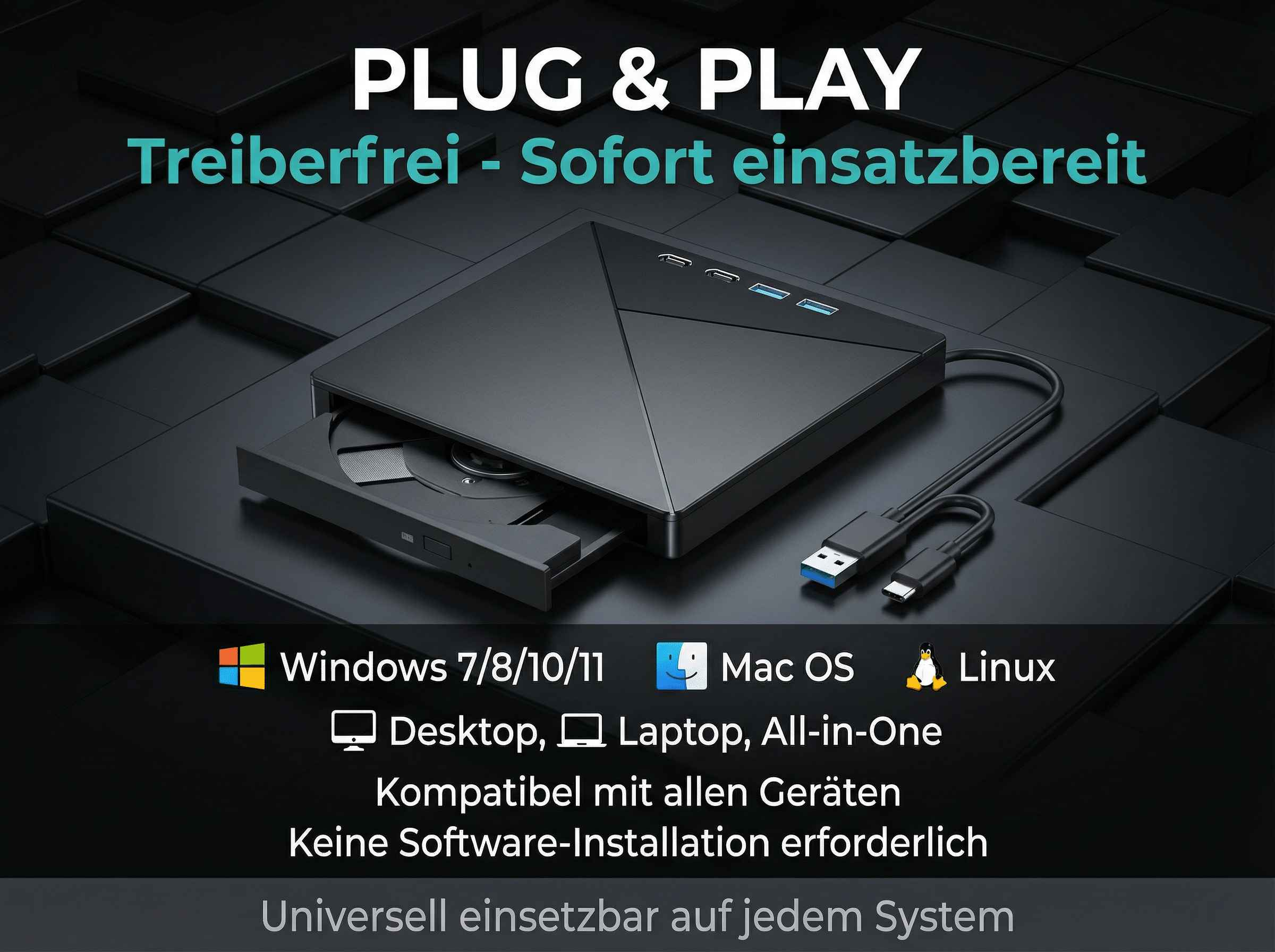 Schwarzes externes Laufwerk mit USB-Kabeln, kompatibel mit Windows, Mac, Linux.