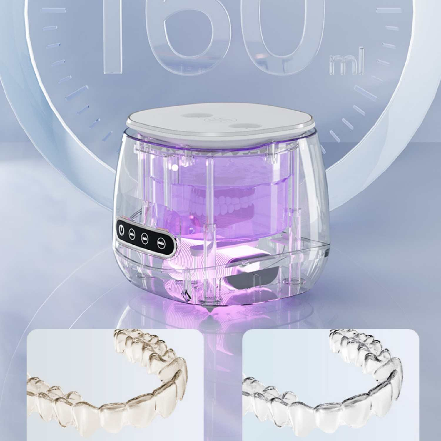 Ein transparenter Behälter mit lila Licht, der Zahnspangen reinigt.