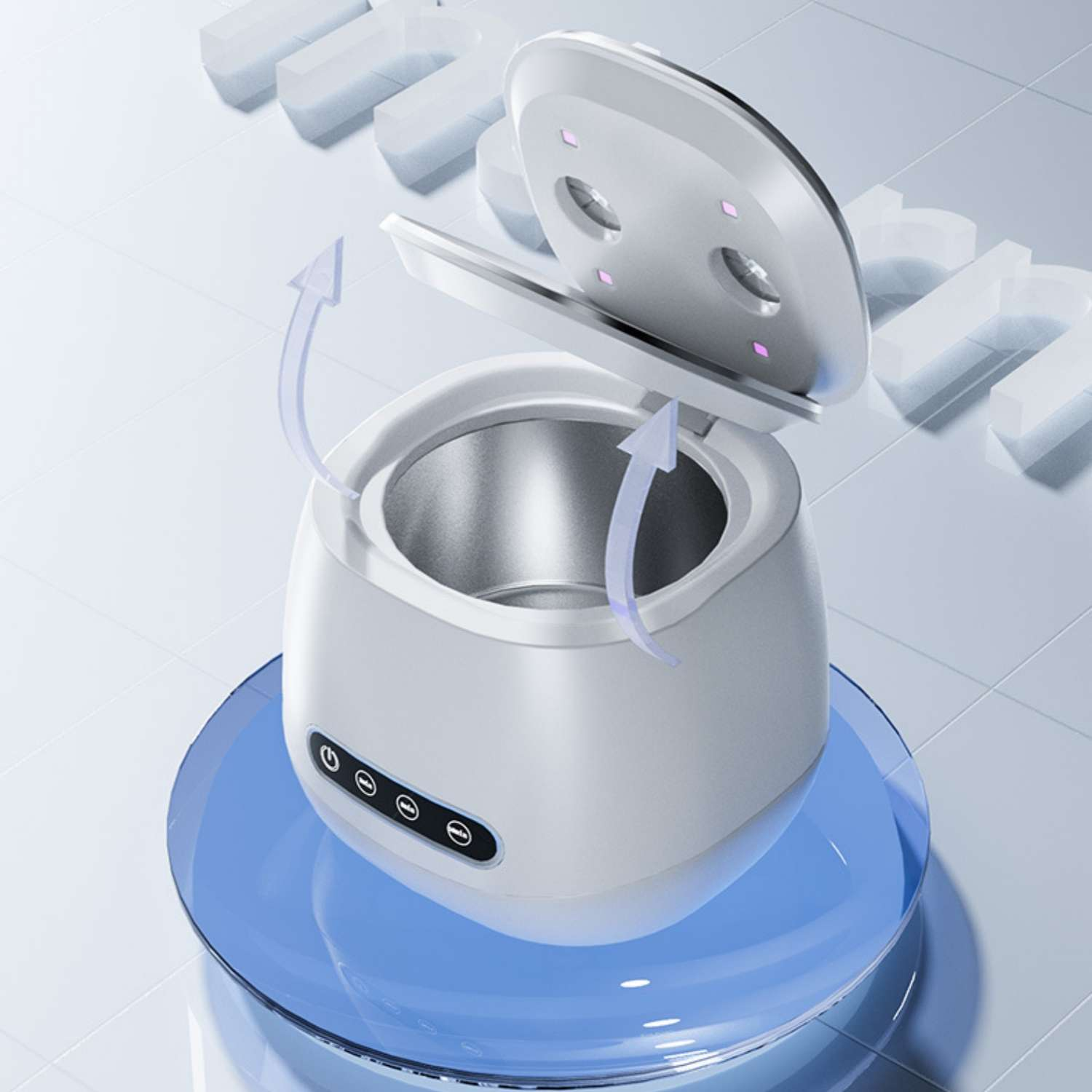 Ein weißer UV-Sterilisator mit offenem Deckel und blauer Basis.