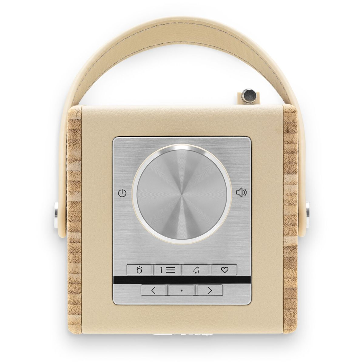 Ein beige Radio mit Holzdetails und einem großen silbernen Knopf.