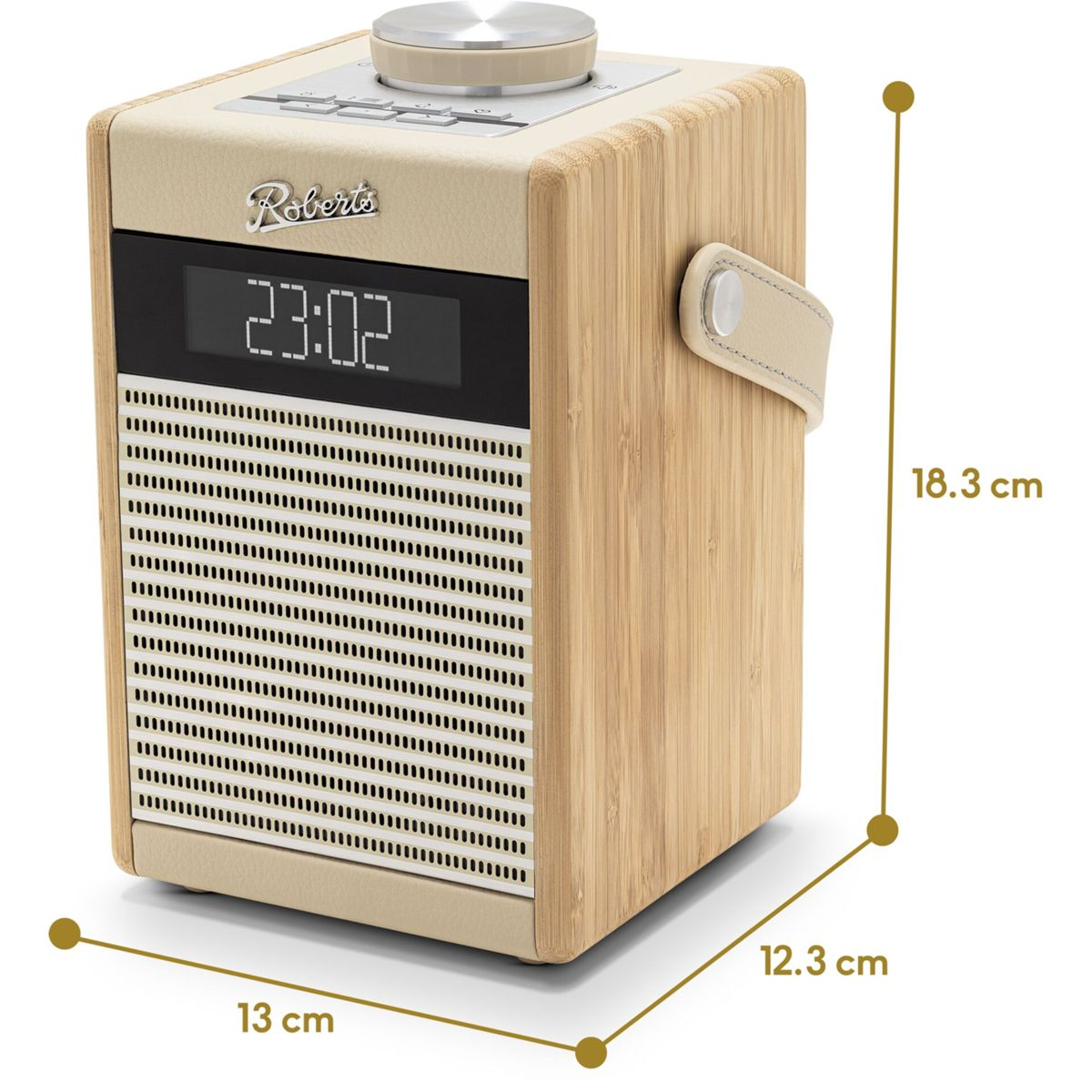 Ein beigefarbener Roberts-Radio mit Holzdetails und einem digitalen Display.