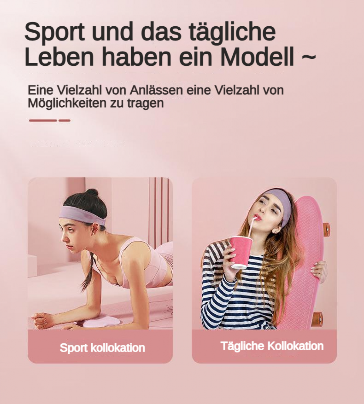 Frau in Sportkleidung auf einer Matte, Frau mit Skateboard trinkt.