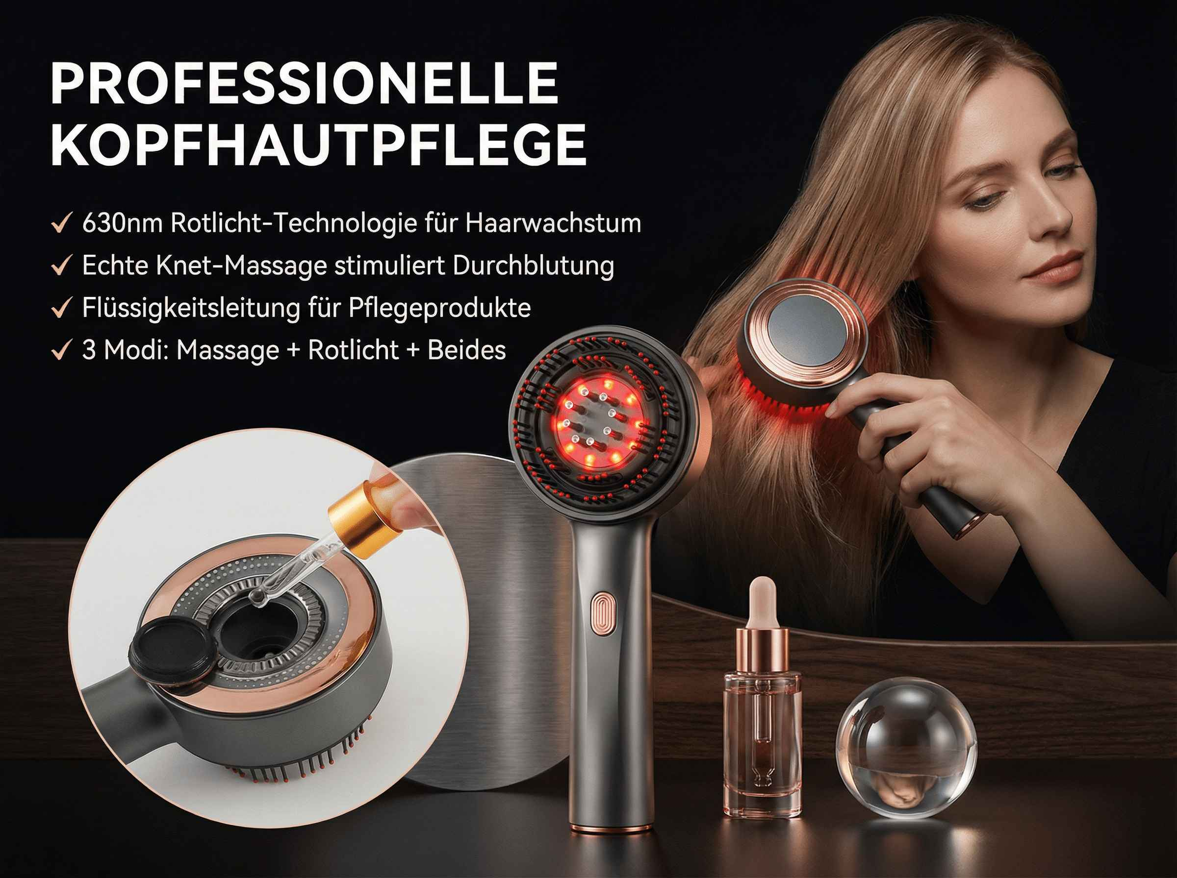 Frau mit Haarpflegegerät für die Kopfhaut mit Rotlicht.