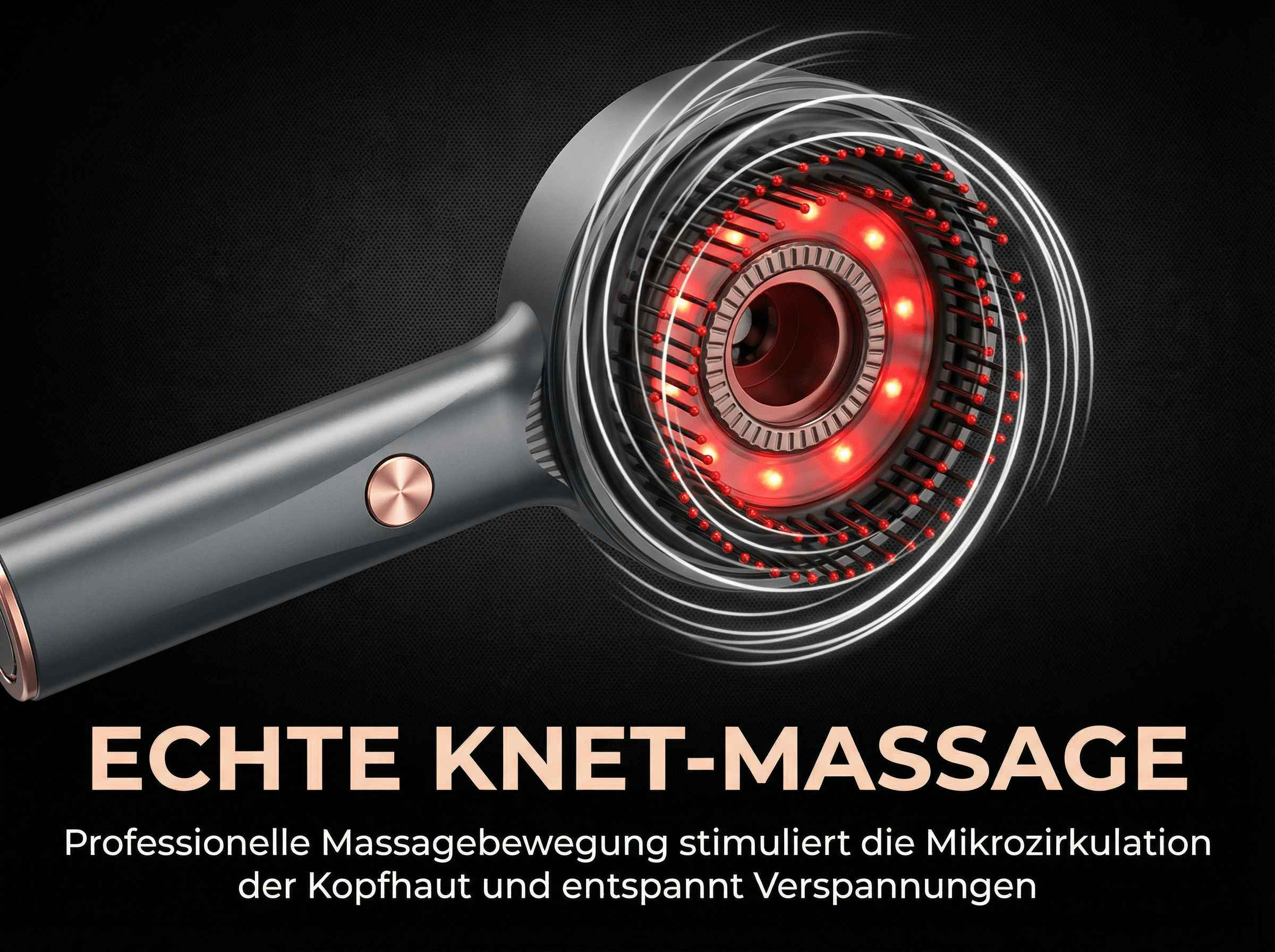 Grauer Massagekopf mit roten LEDs und kreisenden Linien