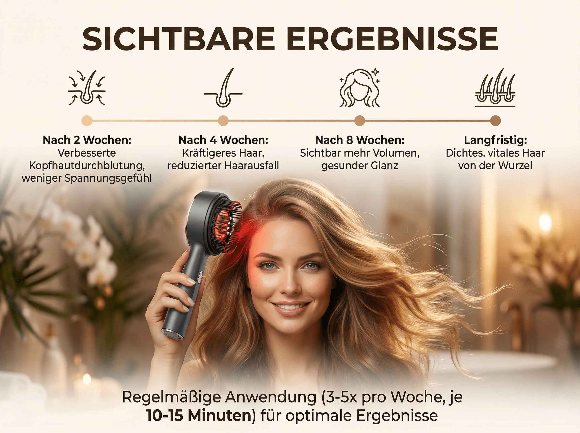 Frau mit Haarpflegegerät zeigt sichtbare Ergebnisse nach Anwendung.
