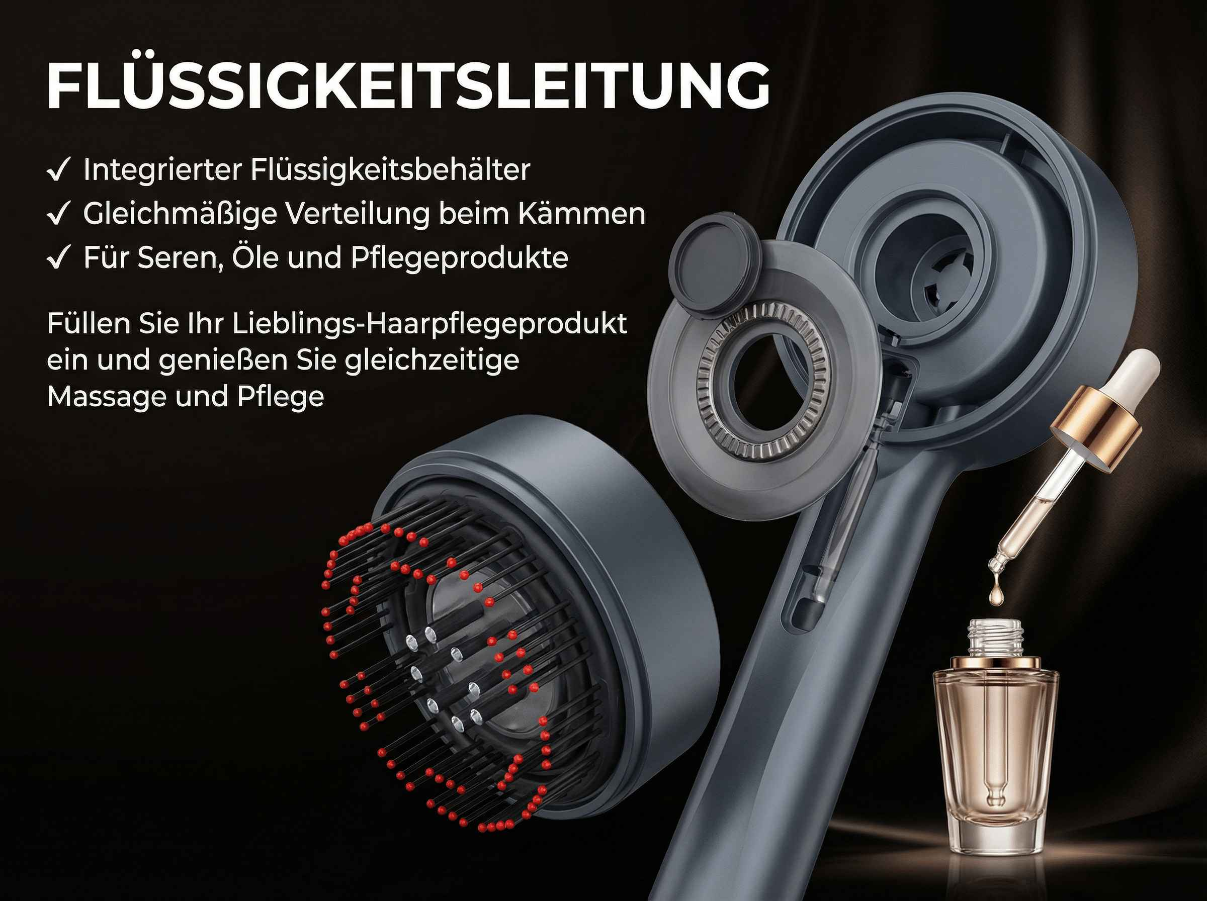 Ein Kamm mit integriertem Flüssigkeitsbehälter und Tropfflasche.