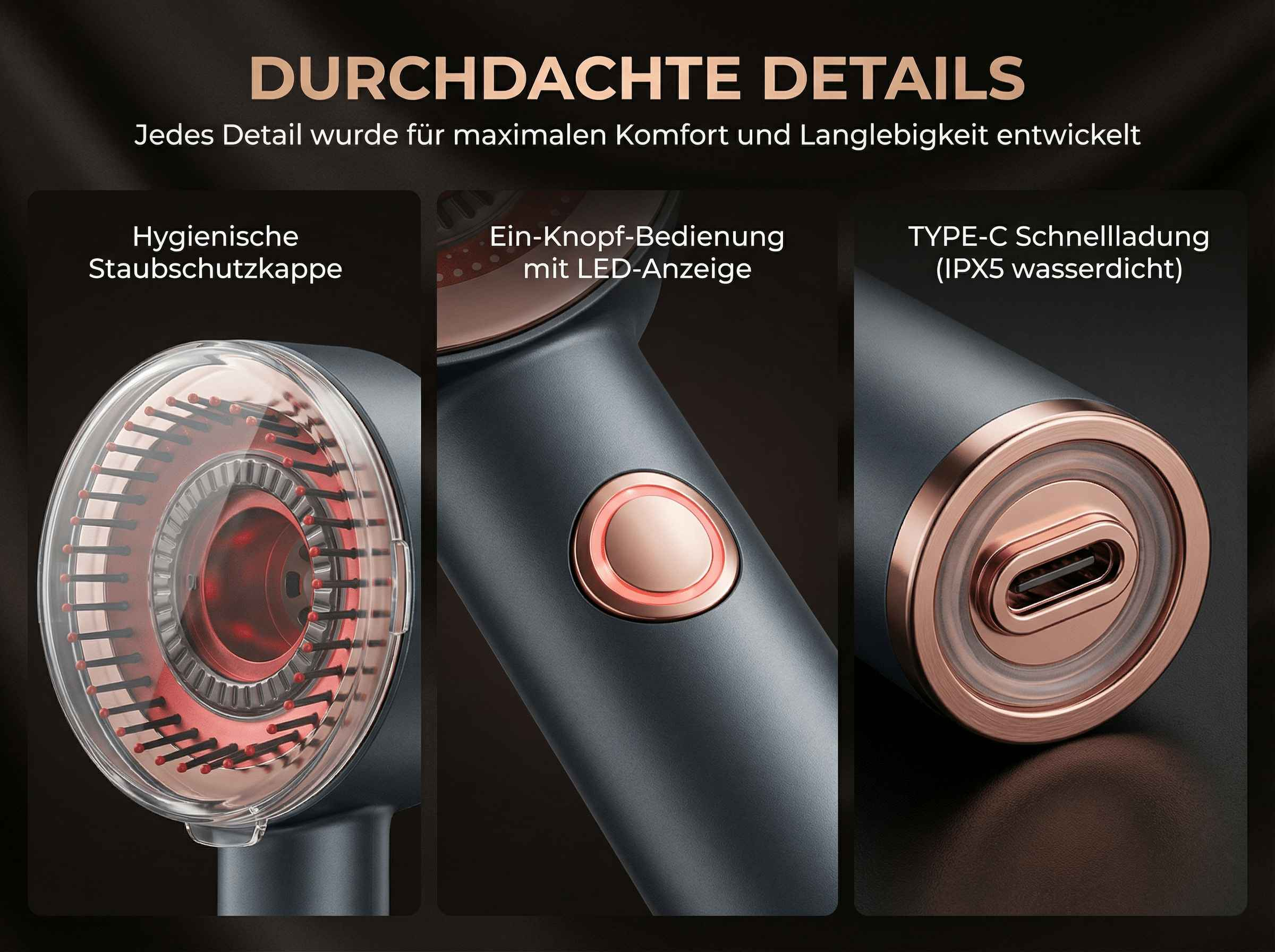 Nahaufnahme eines Geräts mit Staubschutzkappe, Knopf und USB-C-Anschluss.