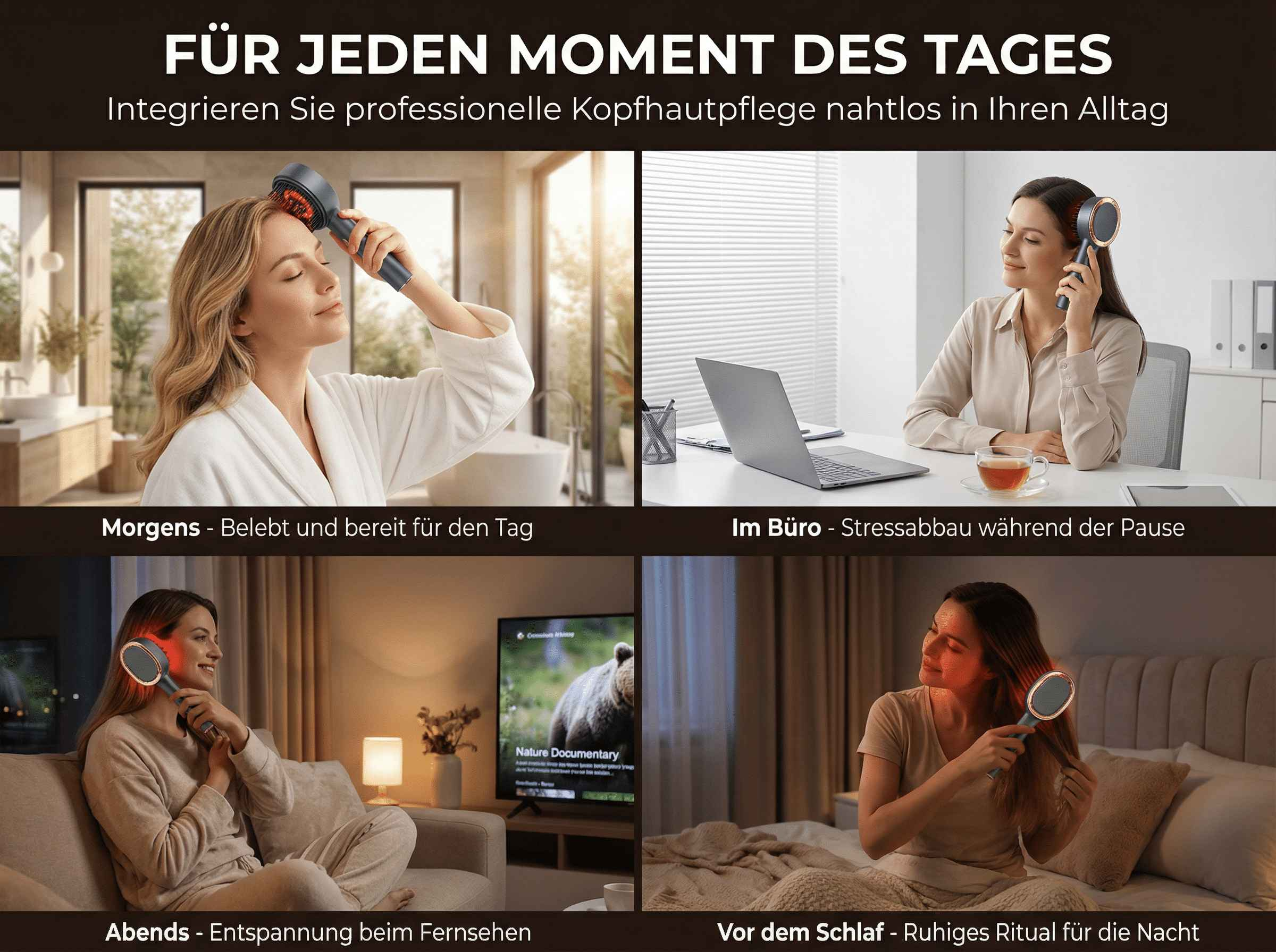 Vier Szenen zeigen Kopfhautpflege: Morgen, Büro, Abend, vor dem Schlaf.