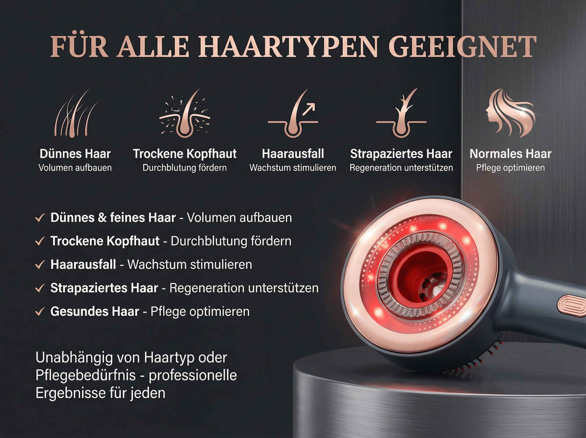 Produktanzeige für Haartypen: Dünnes, trockenes, normales Haar und Haarausfall.