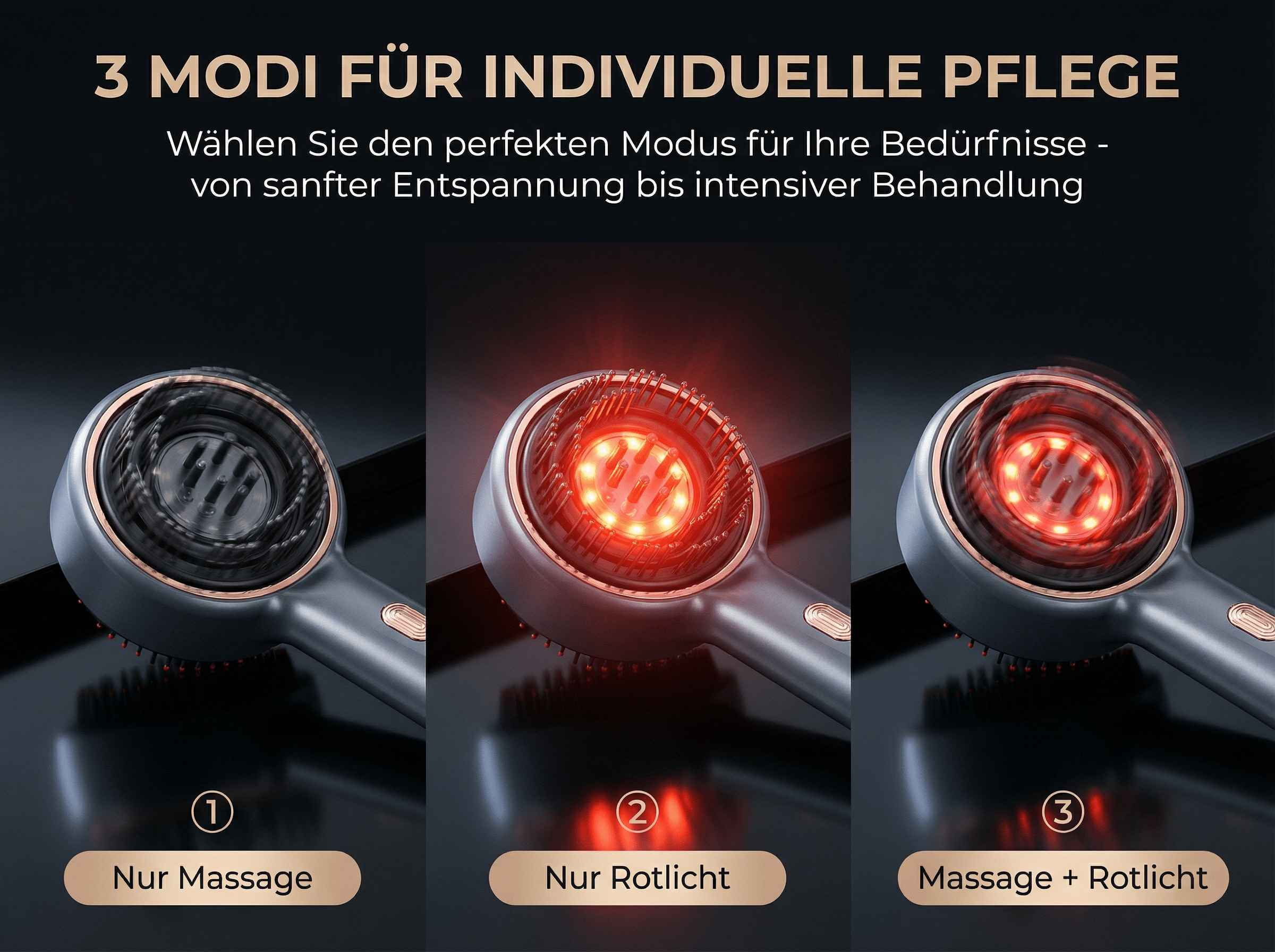 Drei Massagegeräte-Modi: Nur Massage, Nur Rotlicht, Massage + Rotlicht.