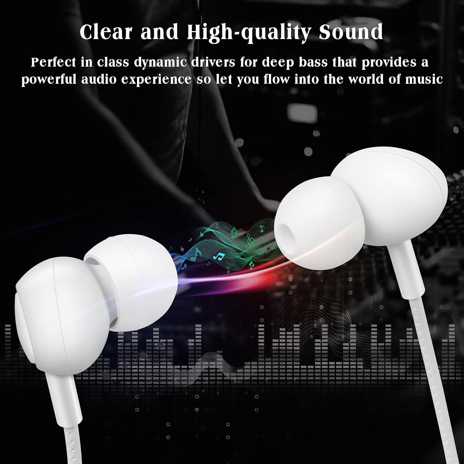 Weiße In-Ear-Kopfhörer mit Equalizer-Grafik und Musiknoten.