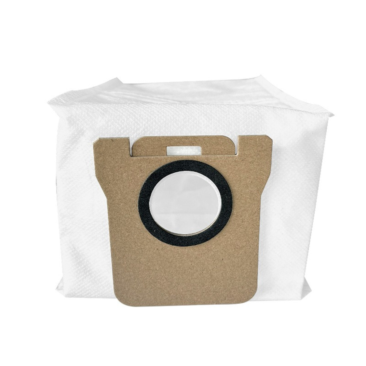 A white vacuum cleaner bag with a brown cardboard connector and a black ring.