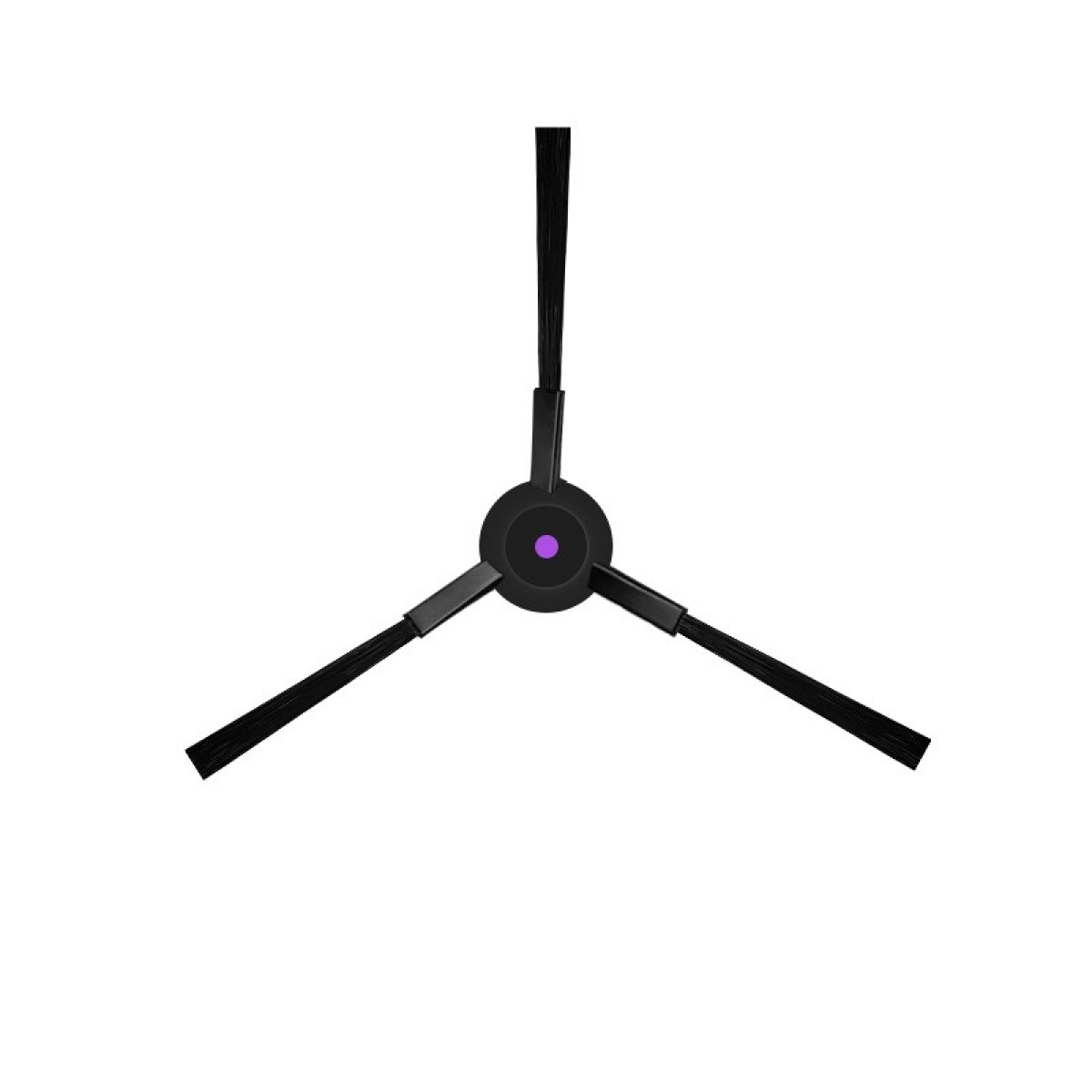 Black robot vacuum side brush with three arms and a purple center.