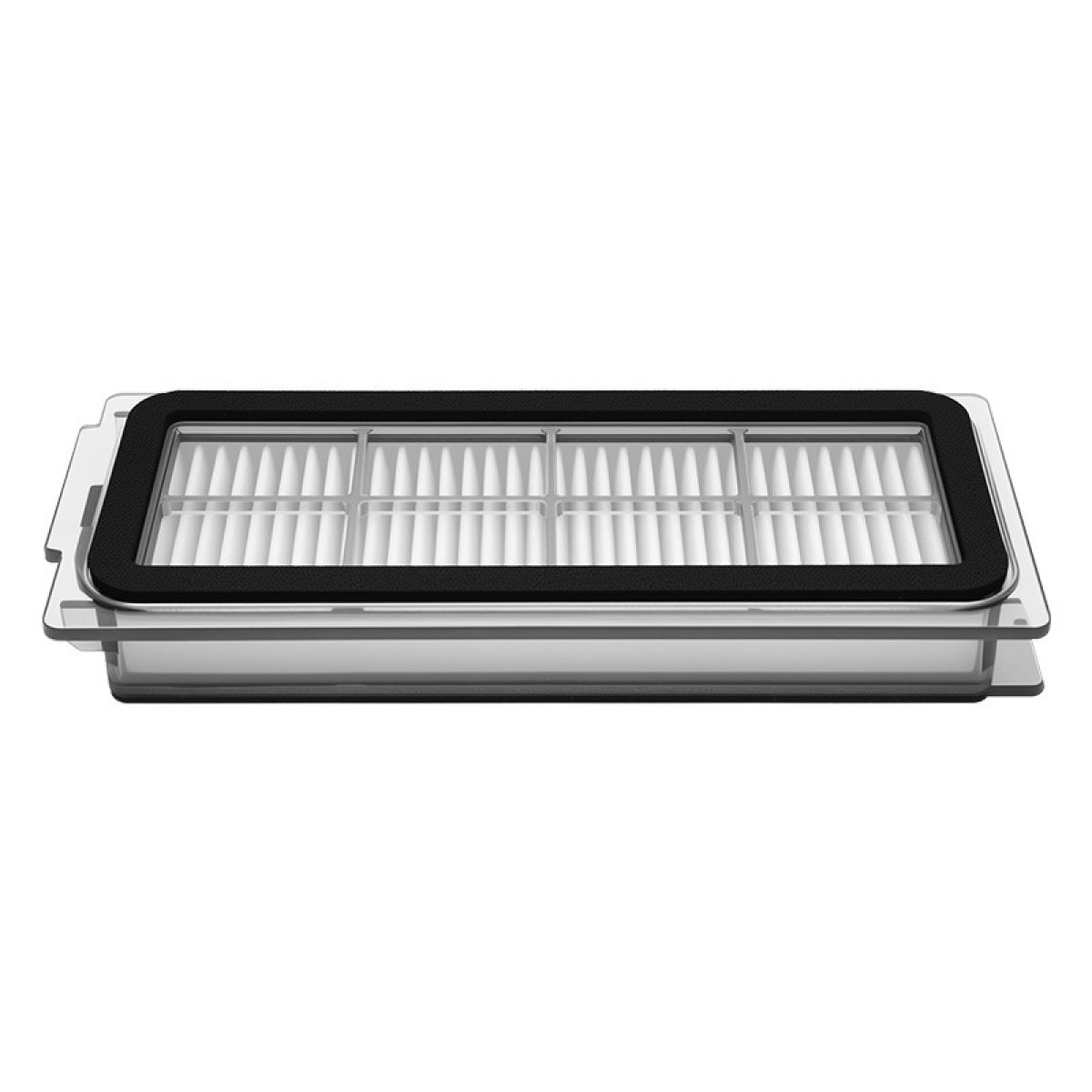 A white rectangular filter with a black border and clear base.