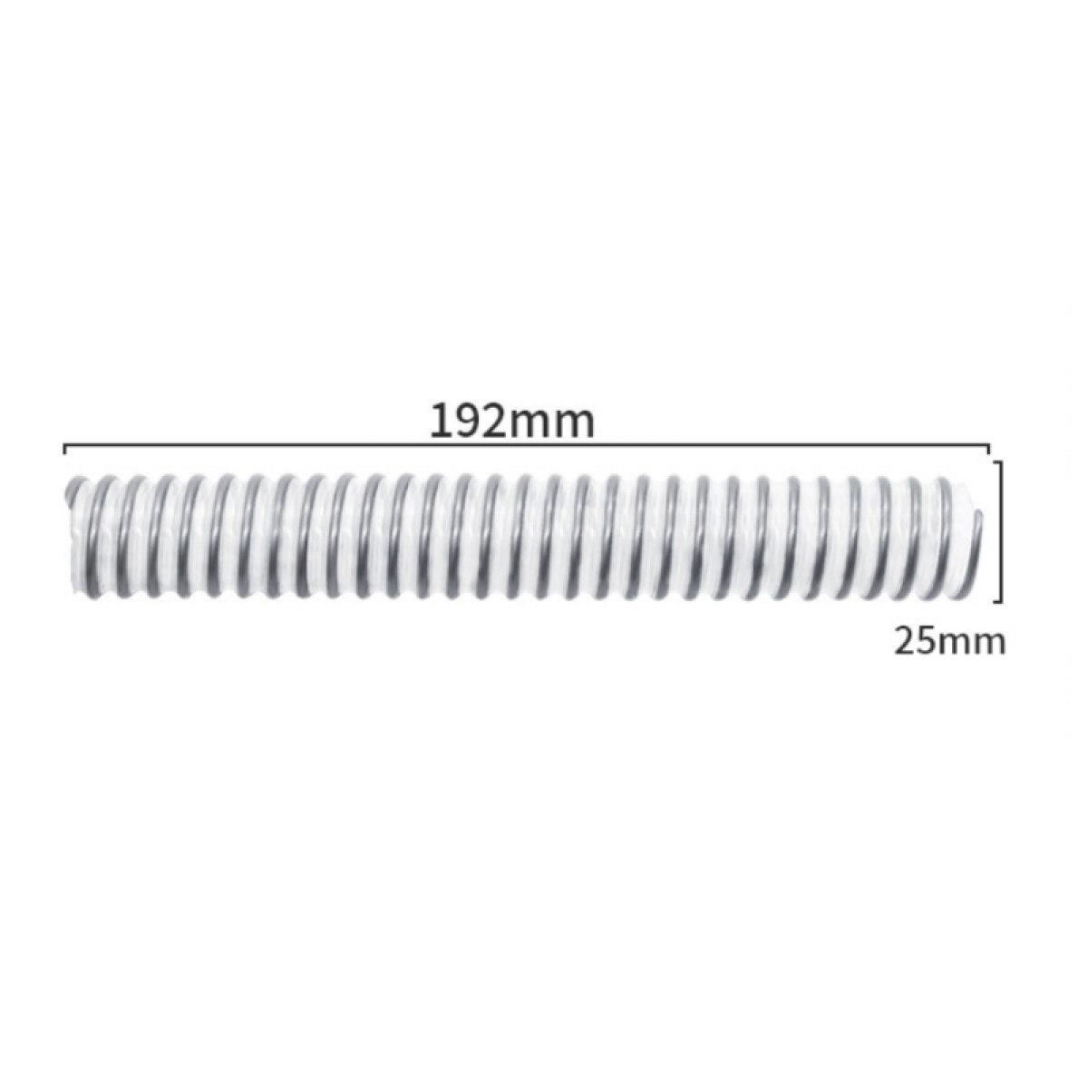 A flexible hose with a metal coil, 192mm long and 25mm in diameter.