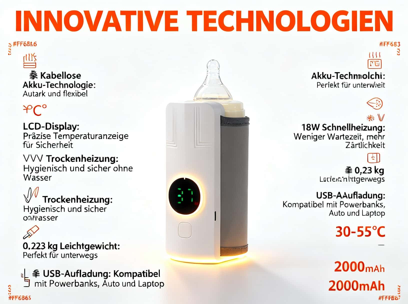 Ein Flaschenwärmer mit LCD-Display, kabelloser Akku-Technologie und USB-Aufladung.