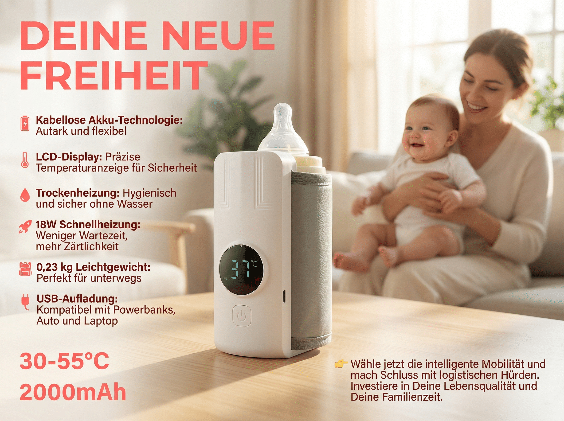 Ein Babyflaschenwärmer mit LCD-Display steht auf einem Tisch, daneben eine Mutter mit Baby.