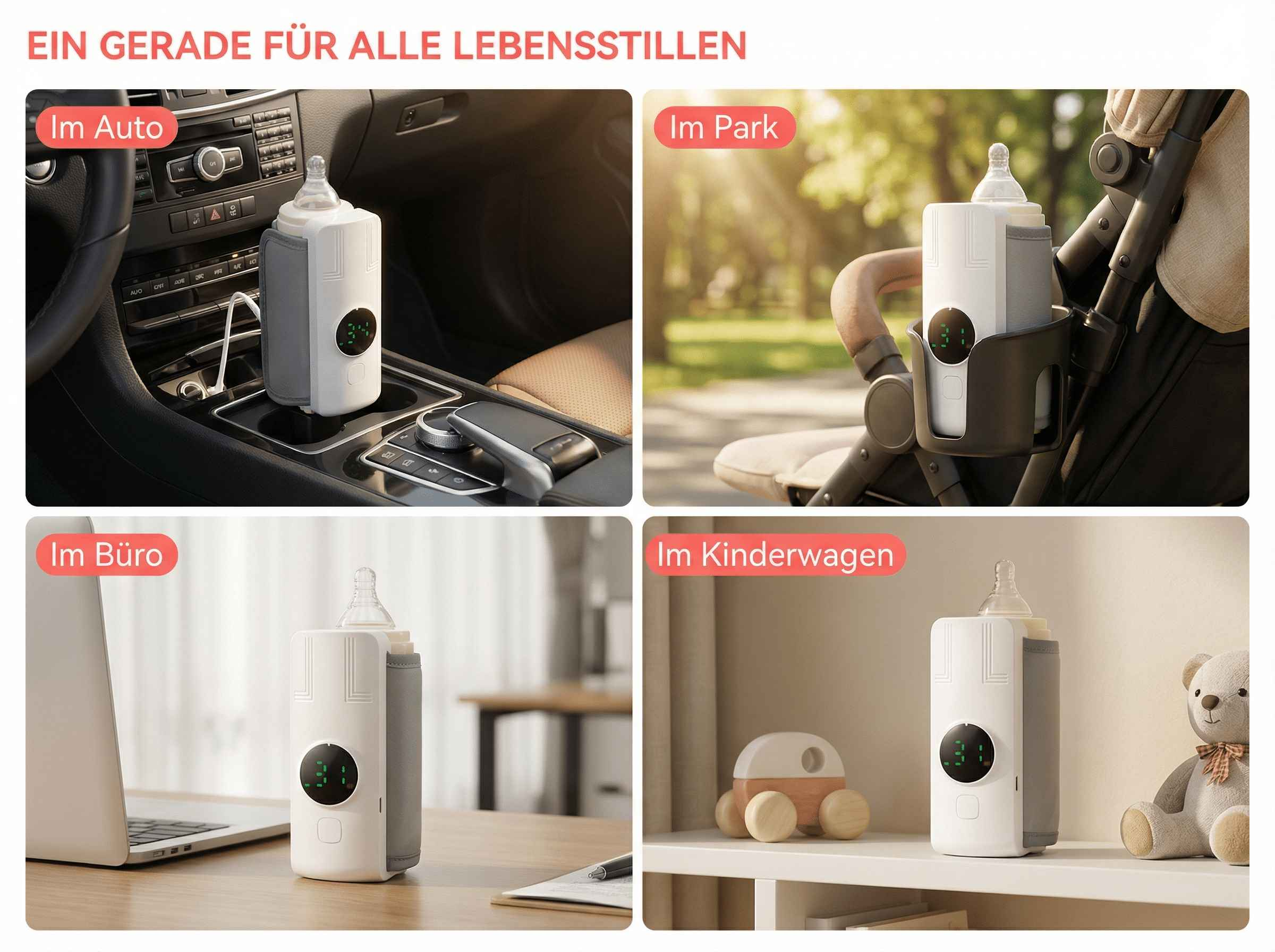 Ein tragbarer Flaschenwärmer wird in verschiedenen Szenarien gezeigt: im Auto, Park, Büro und Kinderwagen.