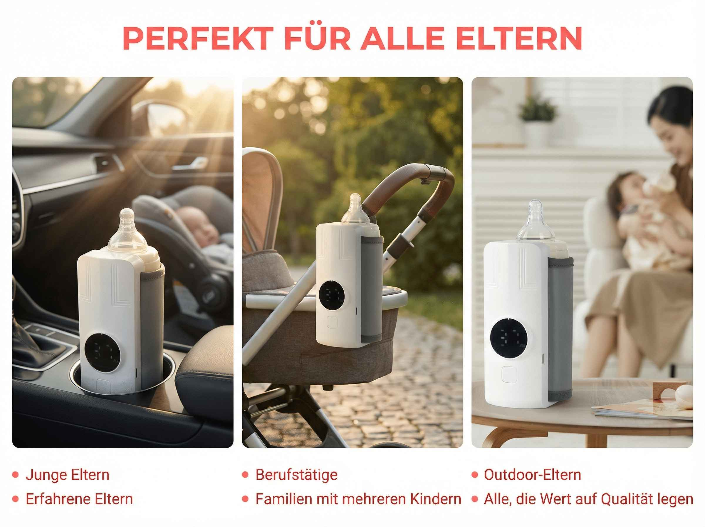 Ein Babyflaschenwärmer im Auto, Kinderwagen und drinnen.
