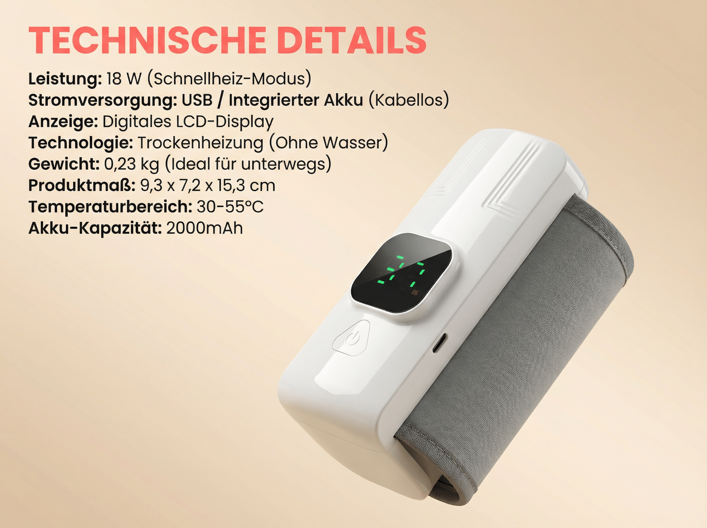 Ein weißes Handgelenk-Messgerät mit LCD-Anzeige und grauer Manschette.