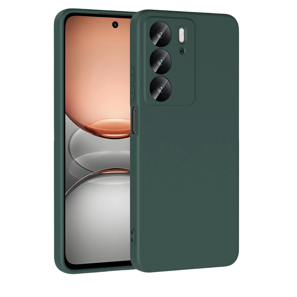 Üç kamera lensi ve beyaz flaşlı koyu yeşil telefon kılıfı.