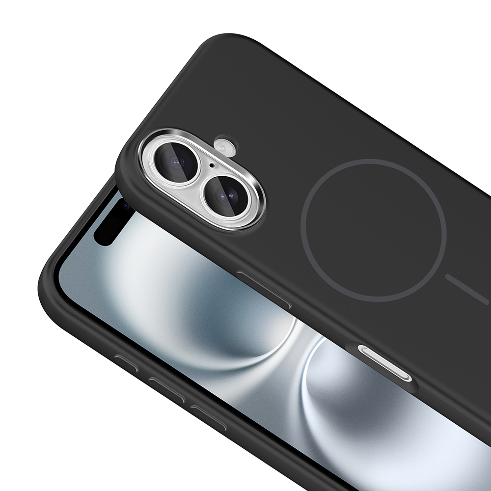Ekranında kamera çıkıntısı ve manyetik halkası olan siyah telefon kılıfı.