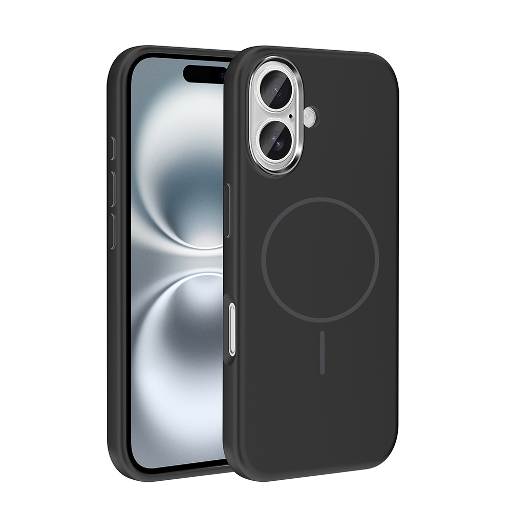 Dairesel manyetik halkalı siyah bir iPhone kılıfı gösteriliyor, telefonun bir kısmını kaplıyor.