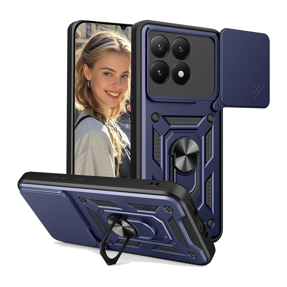 Halka tutuculu ve kamera kapaklı lacivert telefon kılıfı.
