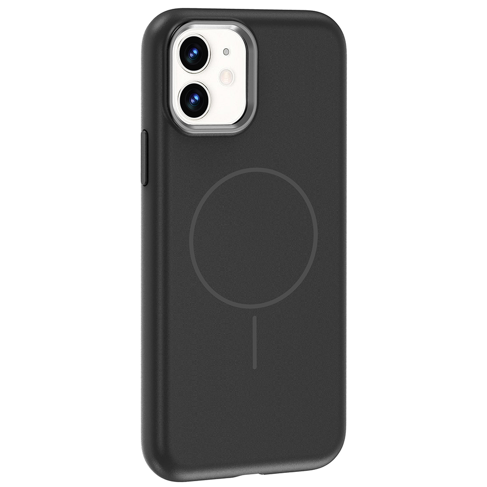 Arkada iki kamera ve manyetik halka bulunan siyah telefon kılıfı.