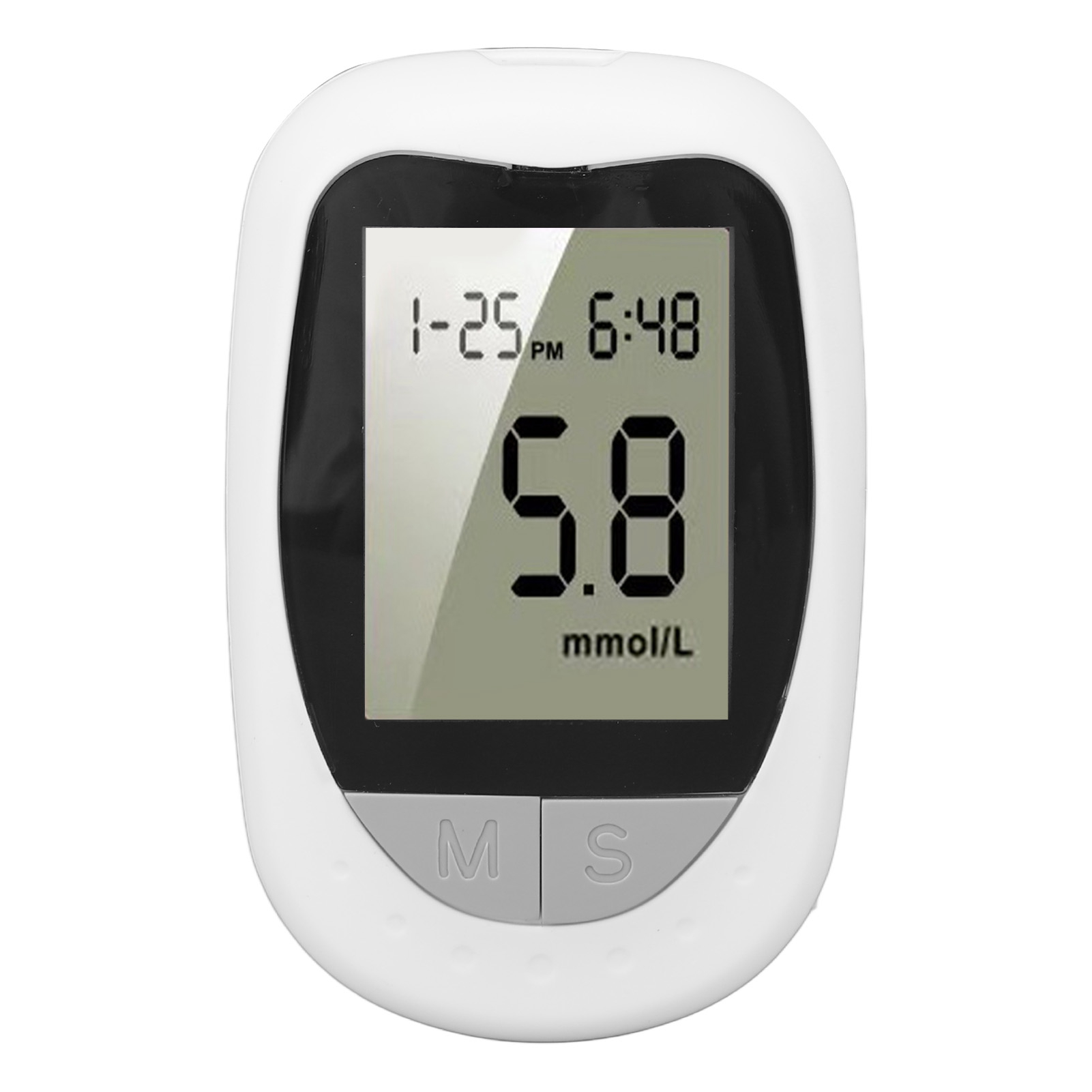 Weißes Glukometer zeigt 5,8 mmol/L, Datum 1-25, Uhrzeit 6:48.