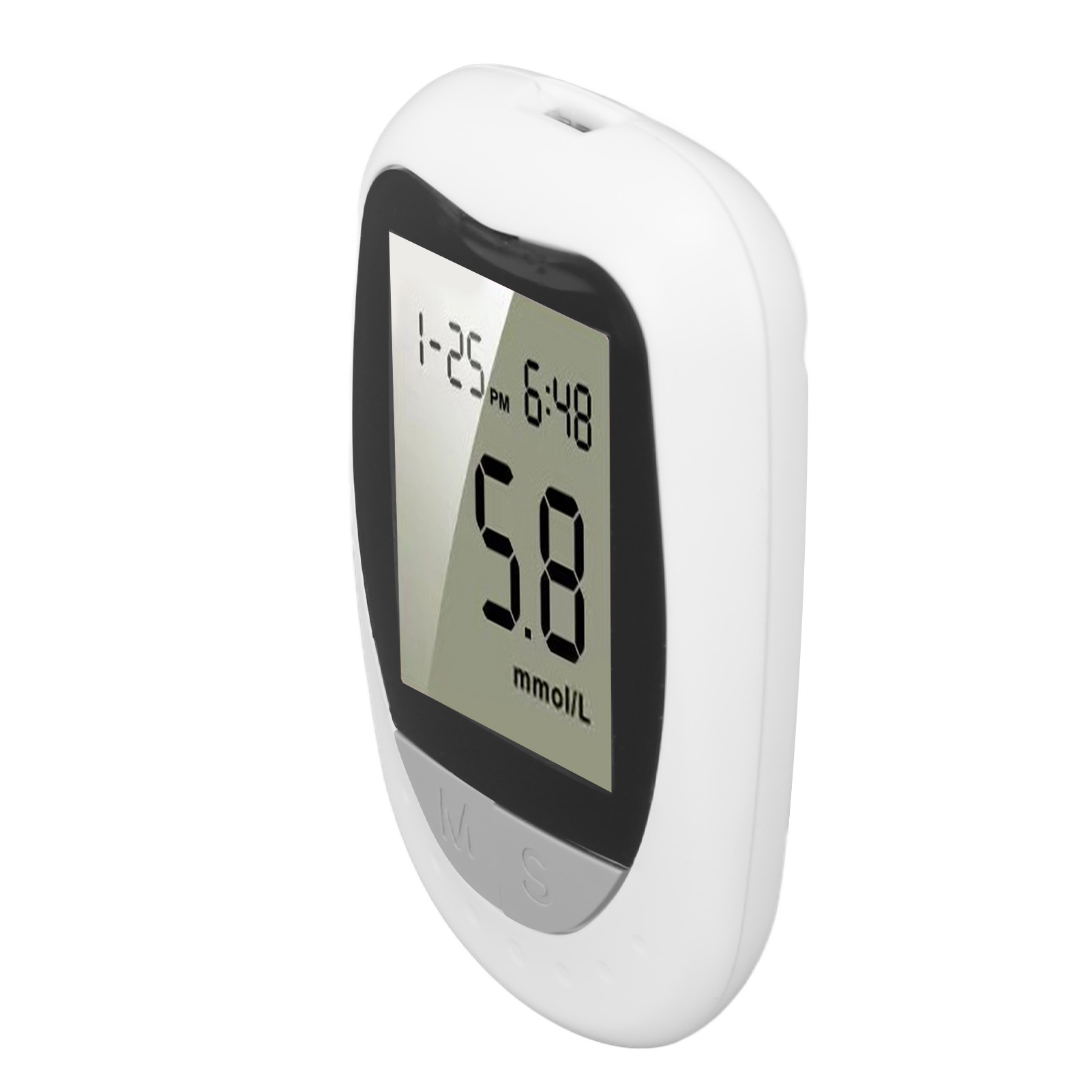 Ein weißes digitales Blutzuckermessgerät mit einem Display, das 5,8 mmol/L anzeigt.