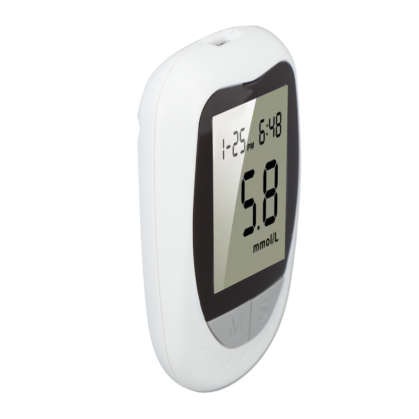 Ein weißes digitales Blutzuckermessgerät zeigt 5,8 mmol/L an.