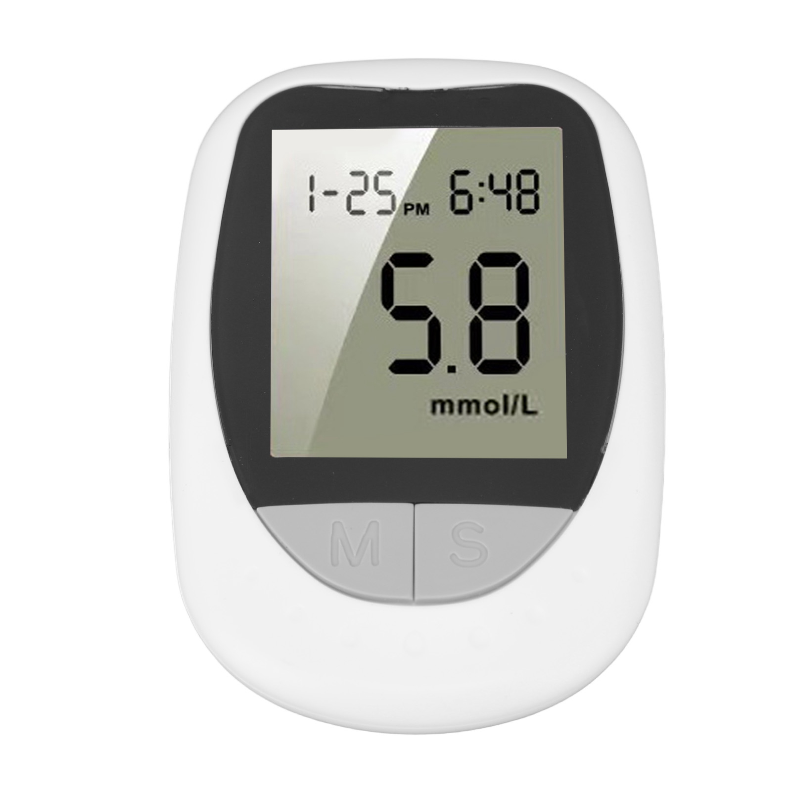 Ein weißes digitales Blutzuckermessgerät mit einem Display, das 5,8 mmol/L anzeigt.