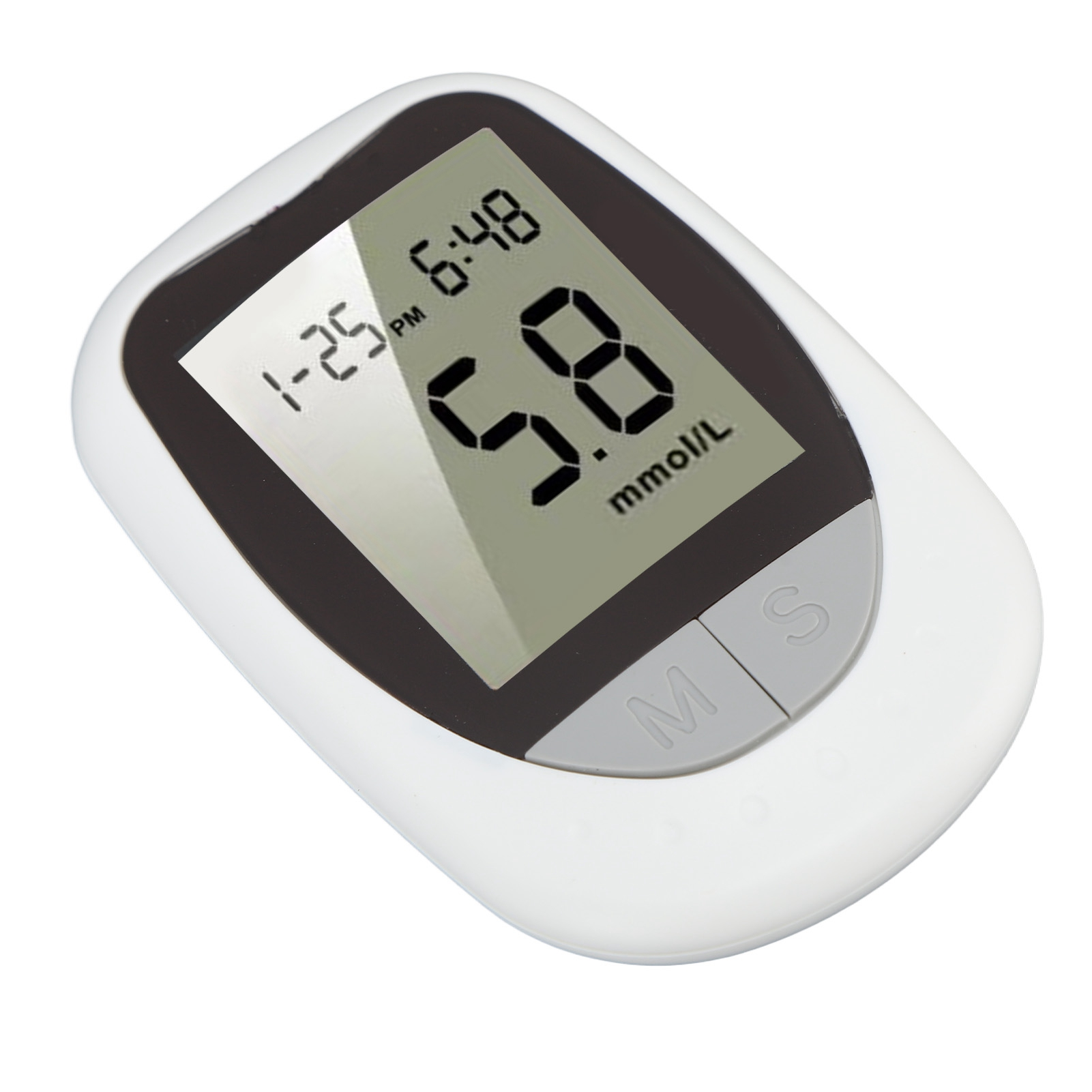 Ein weißes digitales Blutzuckermessgerät zeigt 5,8 mmol/L an.