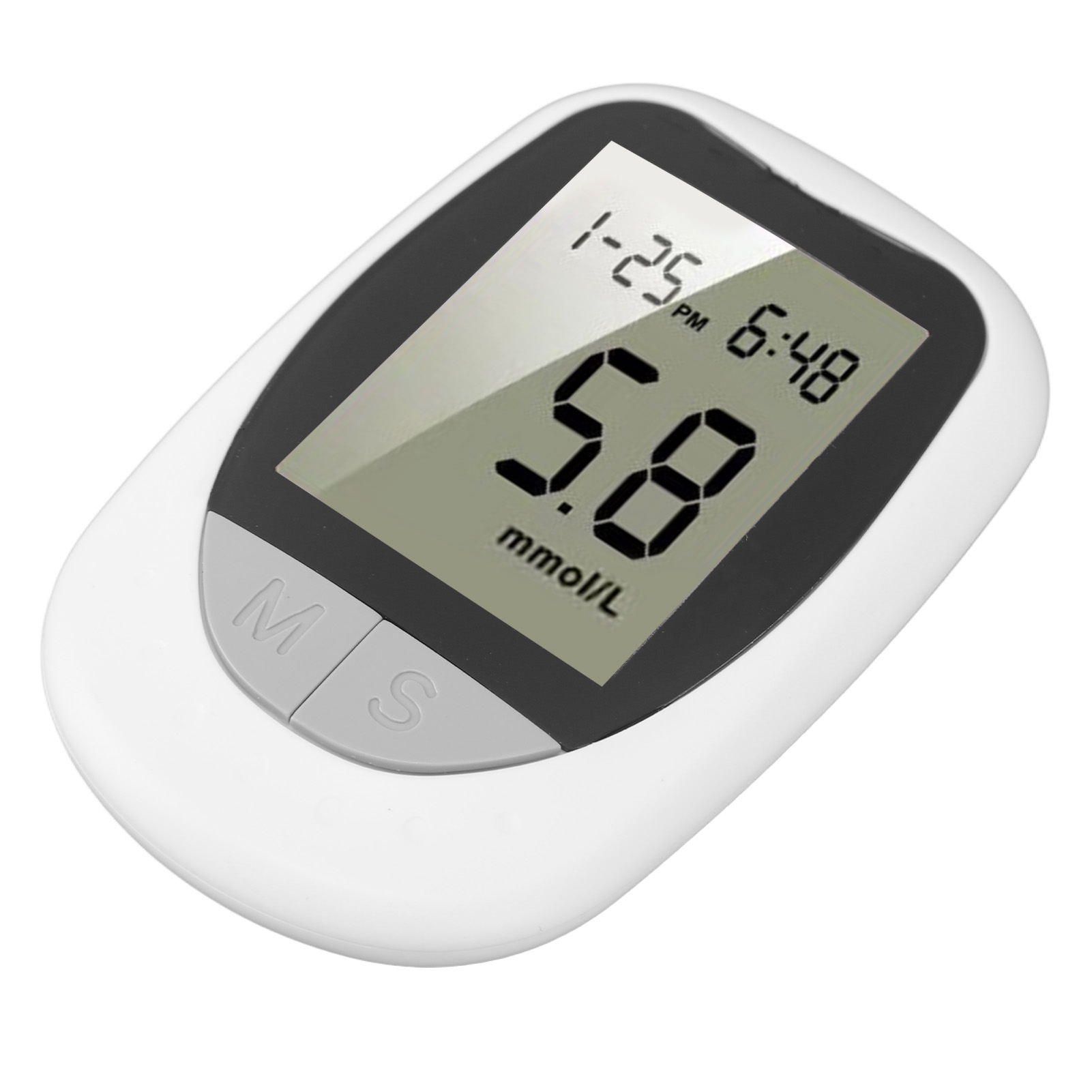 Digitaler Blutzuckermesser zeigt 5,8 mmol/L, Datum 1-25, Uhrzeit 6:48.