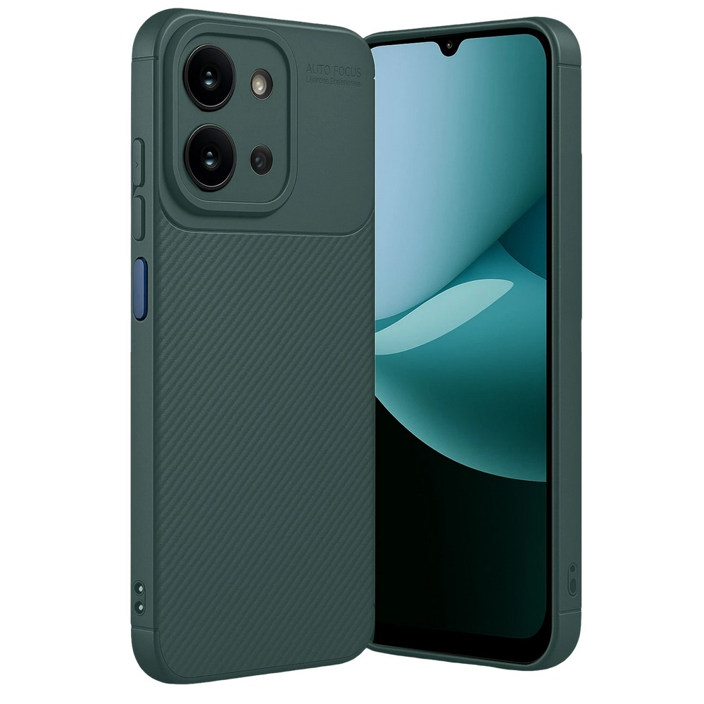 Karbon dokulu, kamera kesimli koyu yeşil telefon kılıfı.
