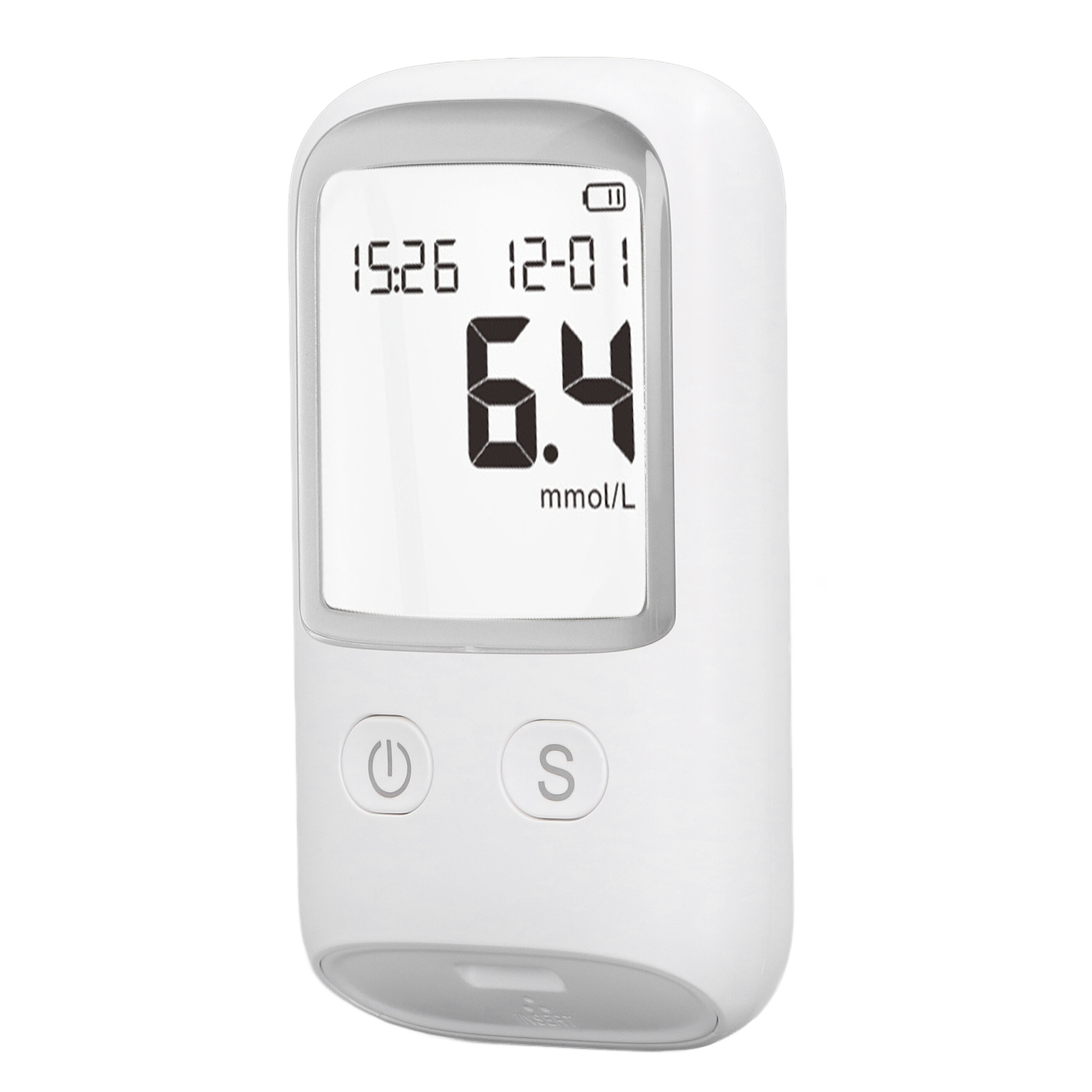 Ein weißes digitales Blutzuckermessgerät zeigt 6,4 mmol/L an.