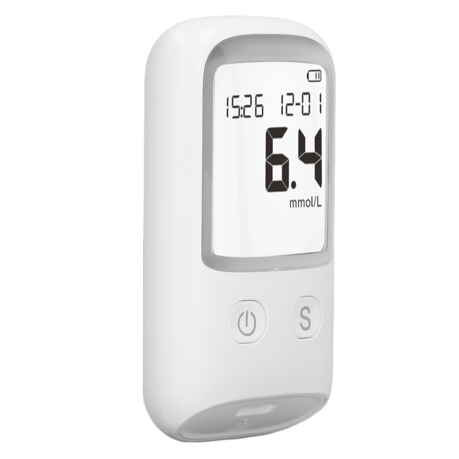 Ein weißes digitales Blutzuckermessgerät mit einem Bildschirm, der 6,4 mmol/L anzeigt.