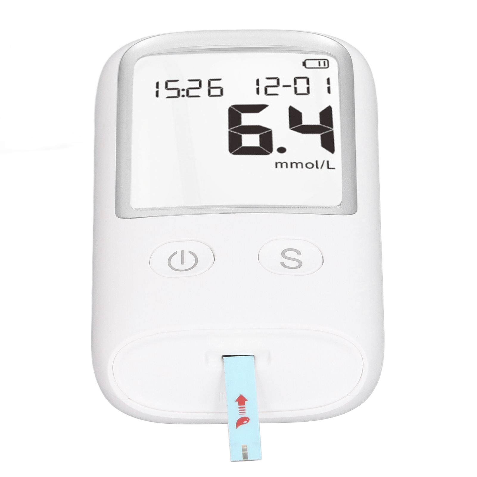 Ein weißes Blutzuckermessgerät mit einem Teststreifen, der ein Ergebnis von 6,4 mmol/L anzeigt.
