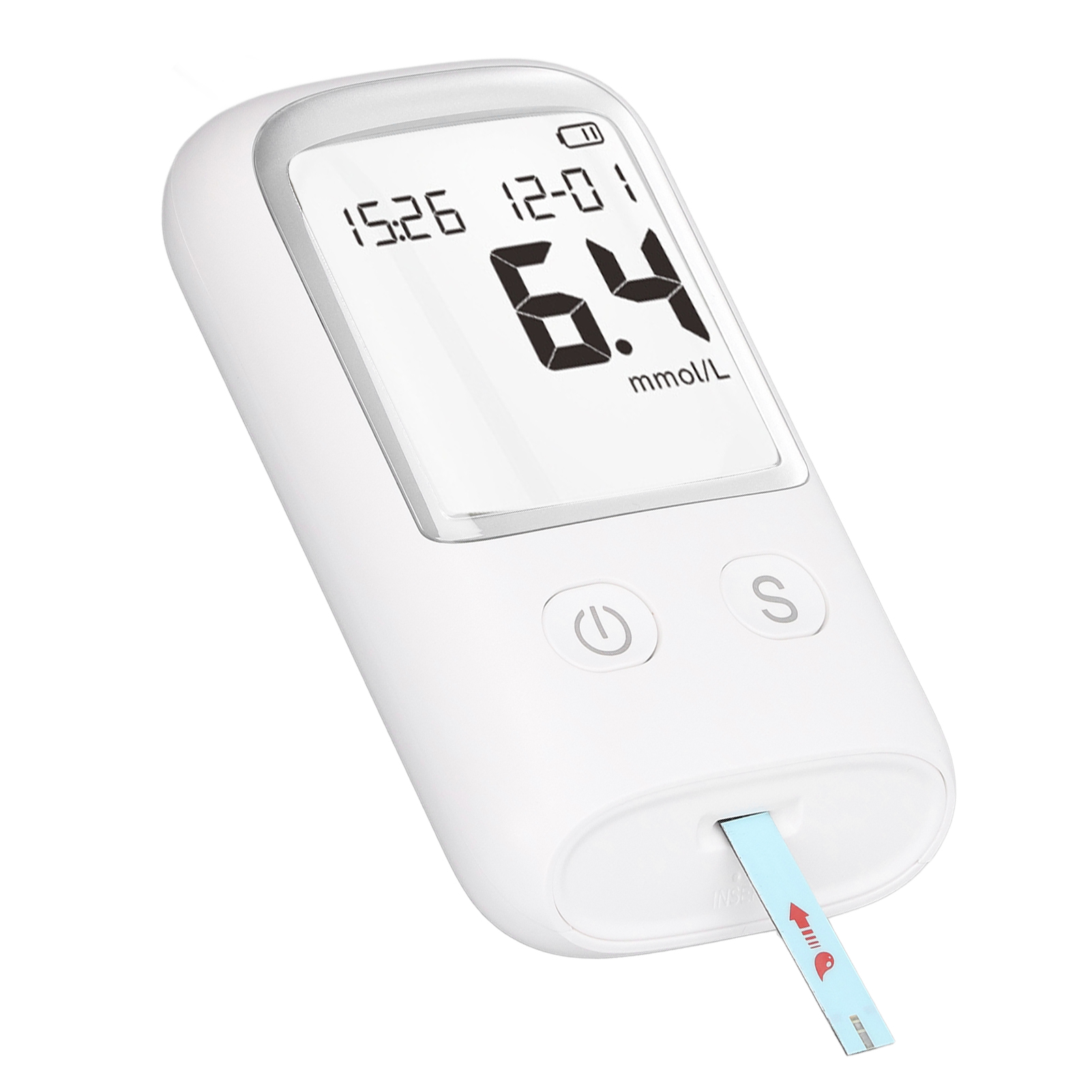 Weißes Blutzuckermessgerät mit digitaler Anzeige, die 6,4 mmol/L anzeigt.