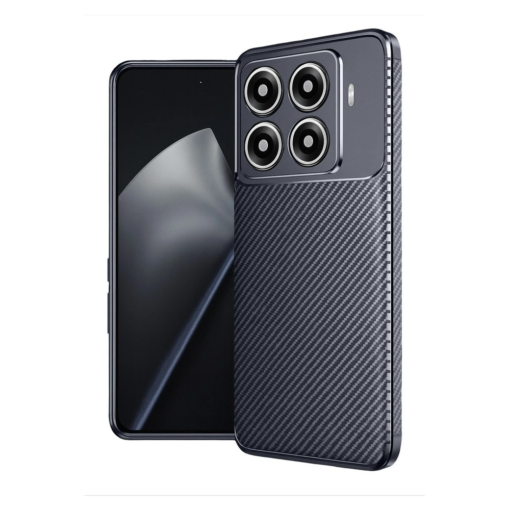 Dört kameralı, karbon fiber arka kapaklı koyu gri akıllı telefon.