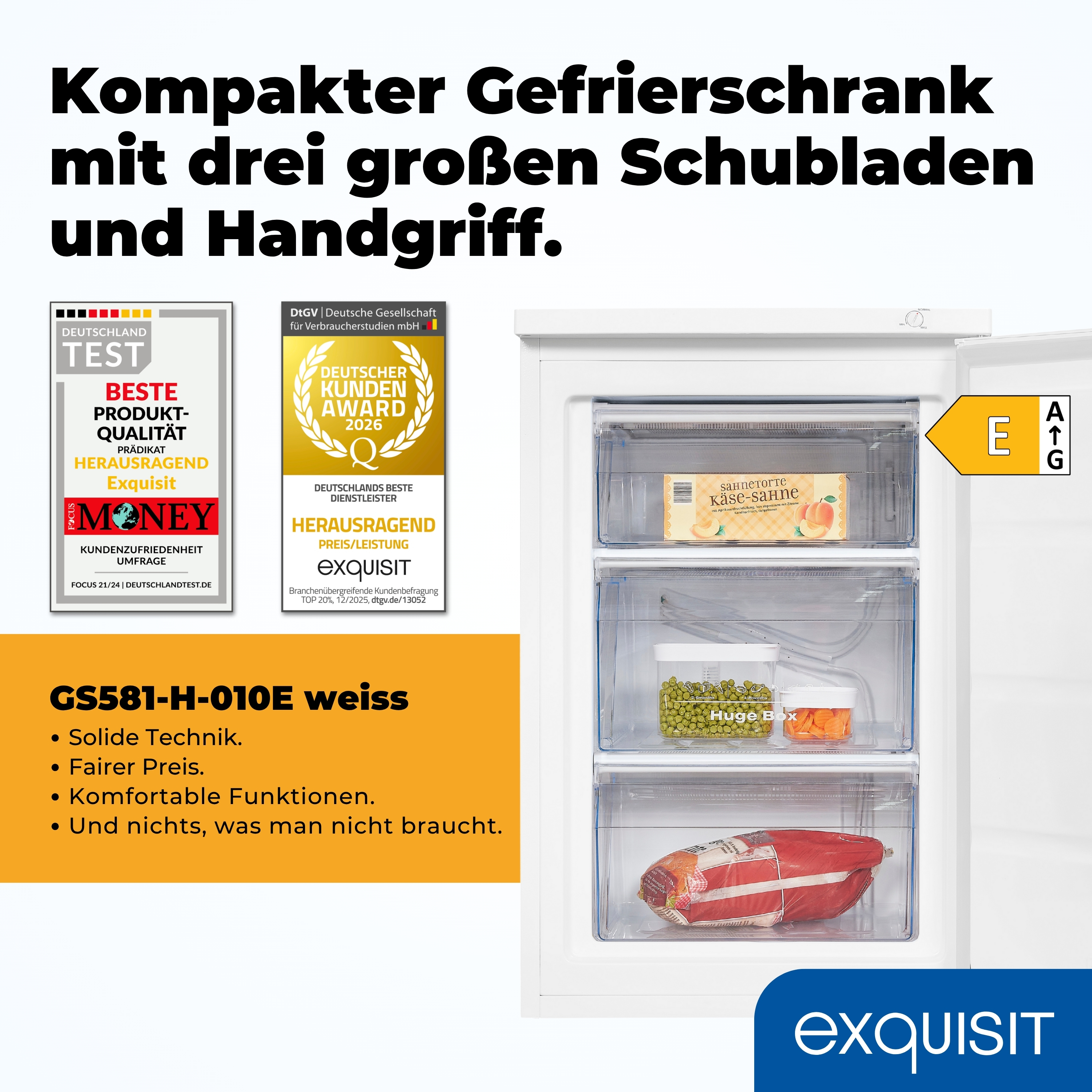 Ein weißer Exquisit Gefrierschrank mit drei Schubladen, gefüllt mit Lebensmitteln.